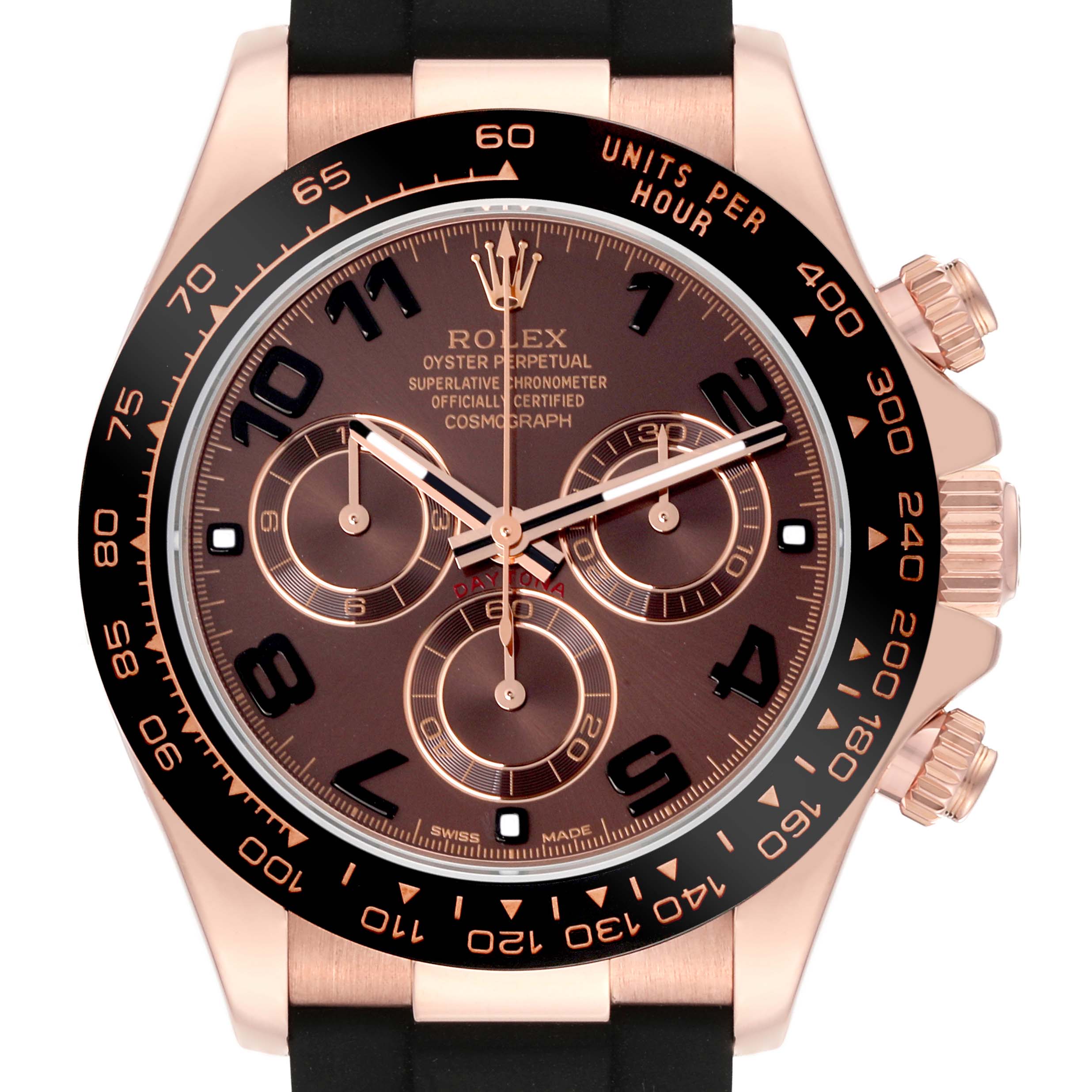 The image shows a front view of a Rolex Daytona 116515LN Men's Rose Gold Brown Dial 116515LN Men's Rose Gold Brown Dial watch, highlighting the bezel, dial, and pushers.