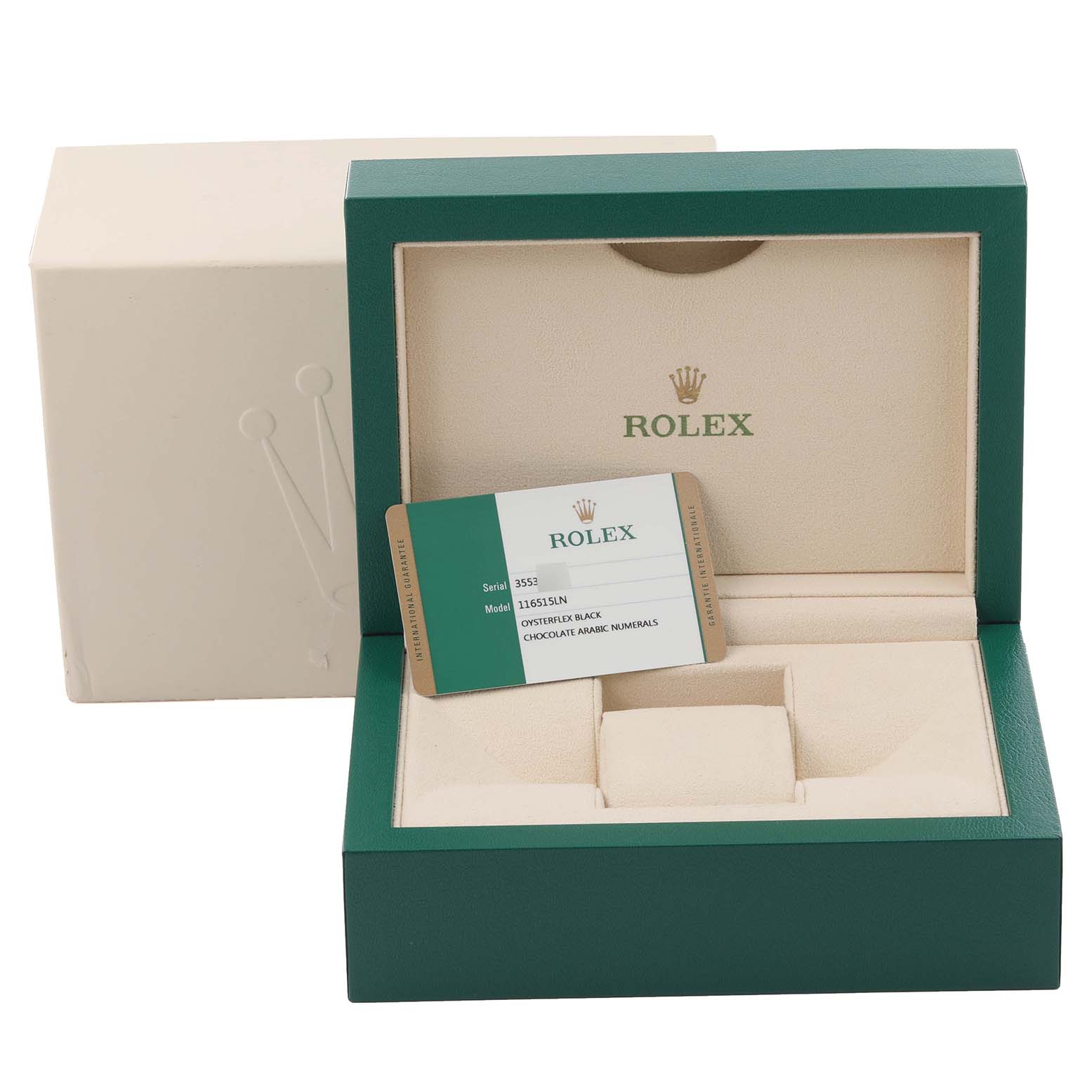 The image shows a Rolex Daytona 116515LN Men's Rose Gold Brown Dial 116515LN Men's Rose Gold Brown Dial watch box and card, viewed from the front.