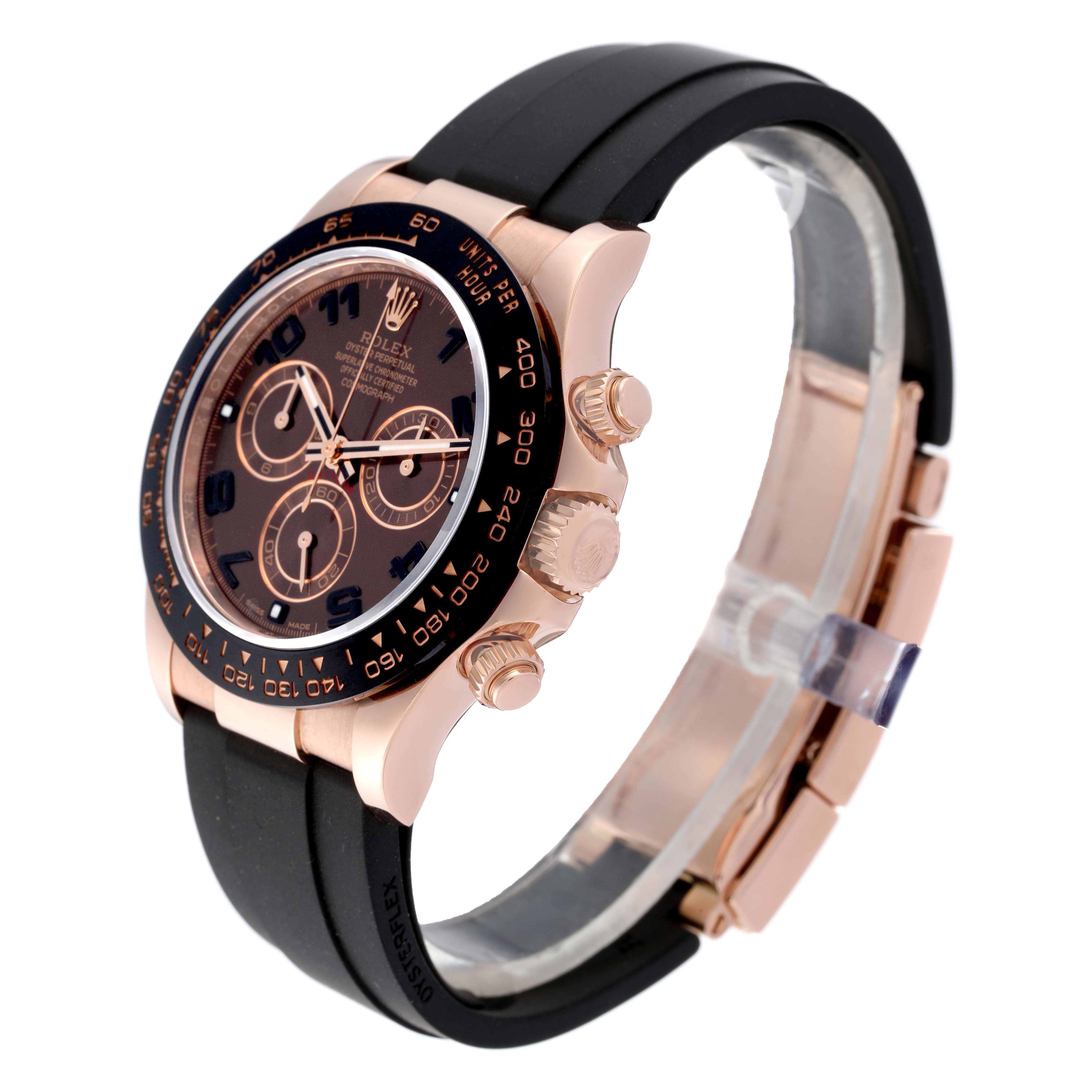 The Rolex Daytona 116515LN Men's Rose Gold Brown Dial 116515LN Men's Rose Gold Brown Dial watch is shown at a three-quarter angle, highlighting the face, bezel, crown, and strap.