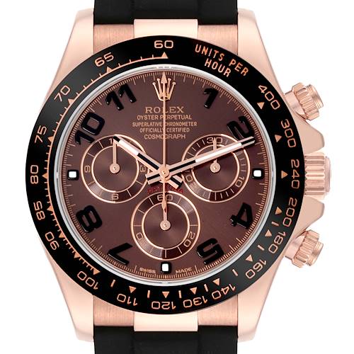 The Rolex Daytona watch is shown from the front, highlighting its dial, bezel, sub-dials, and crown.