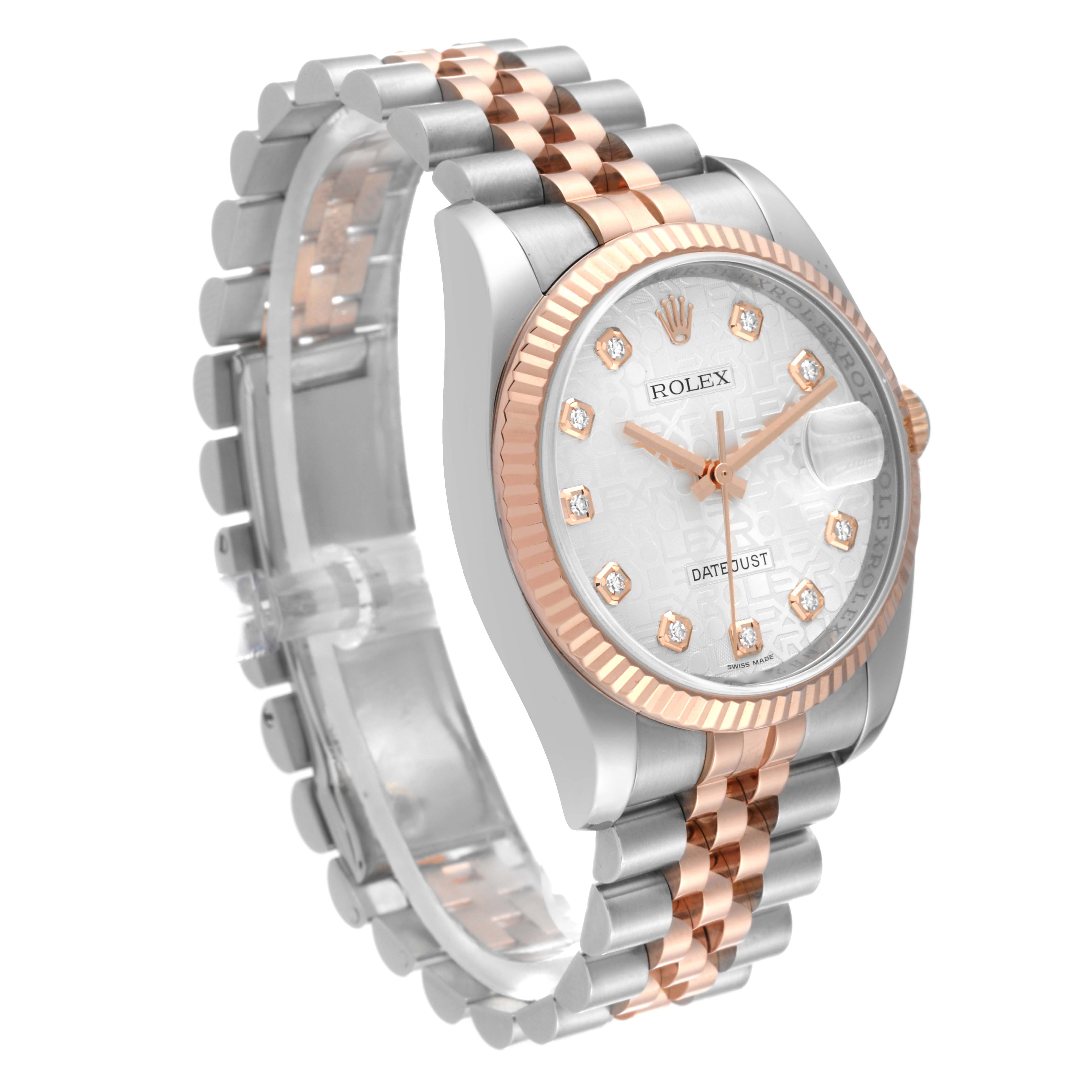 This image shows the Rolex Datejust 116231 Men's Steel and Gold (two tone) Silver Dial 116231 Men's Steel and Gold (two tone) Silver Dial watch at a three-quarter angle, highlighting its two-tone bracelet and diamond-accented dial.