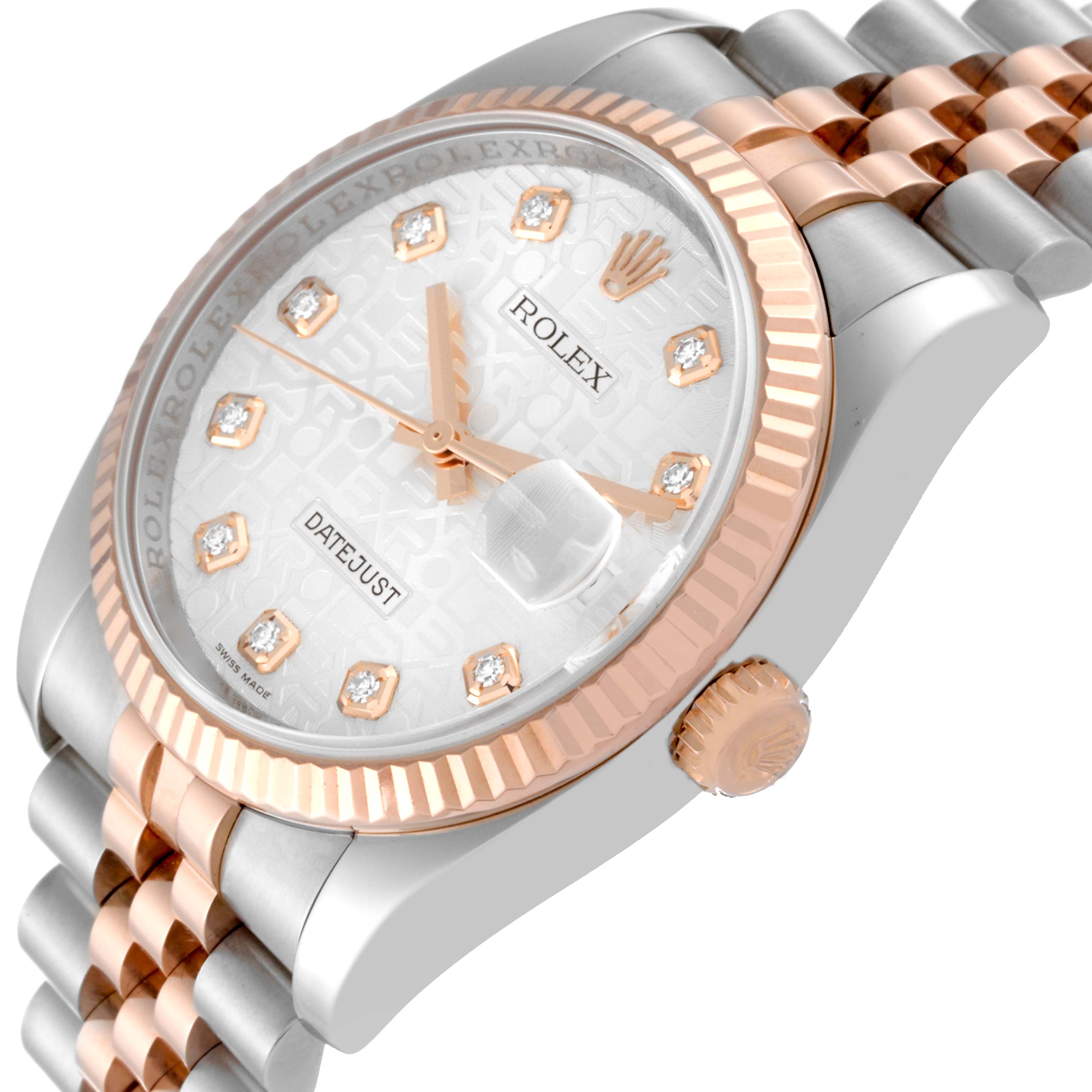 This image shows a close-up, angled view of the face, bezel, and part of the bracelet of a Rolex Datejust 116231 Men's Steel and Gold (two tone) Silver Dial 116231 Men's Steel and Gold (two tone) Silver Dial watch.