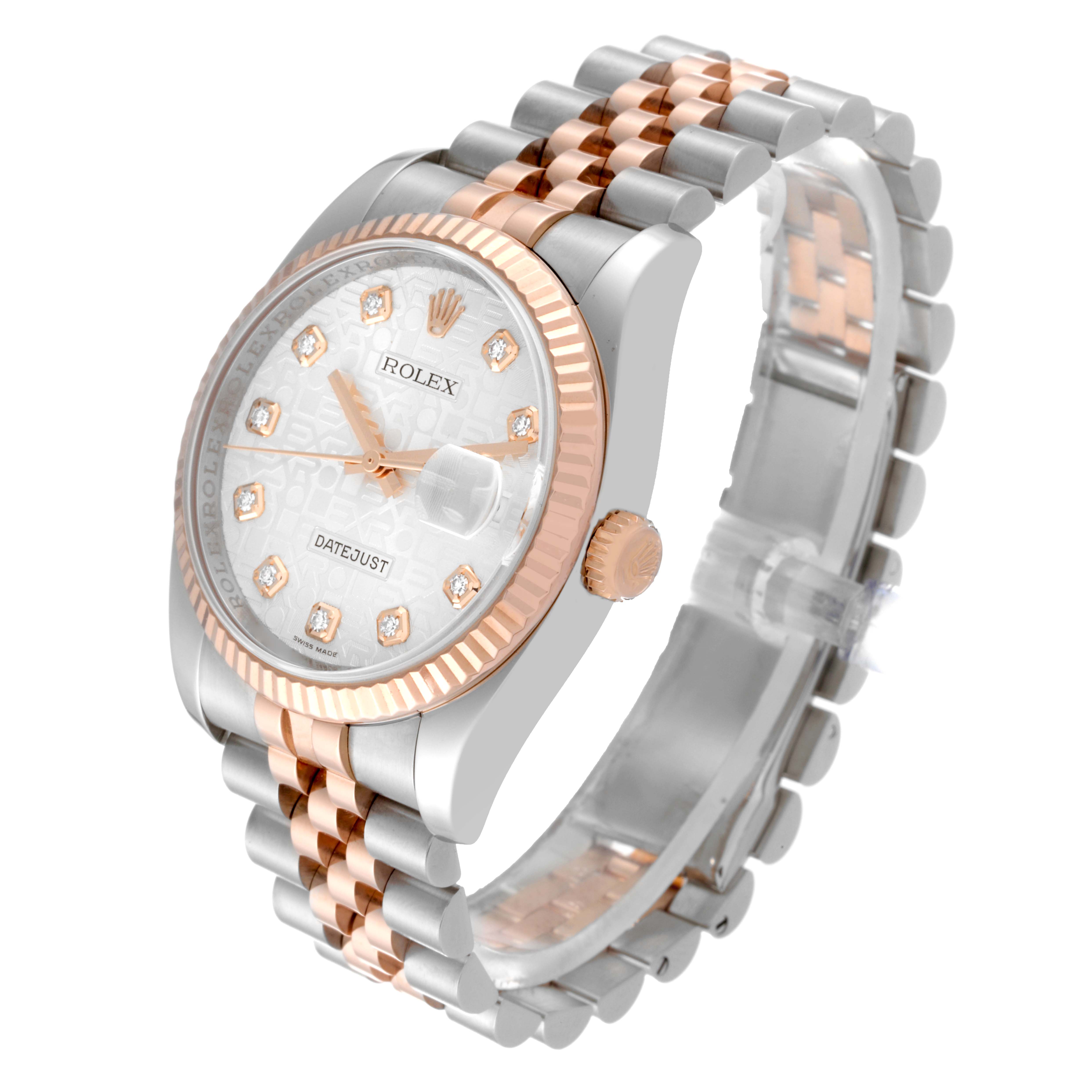 The image shows the Rolex Datejust 116231 Men's Steel and Gold (two tone) Silver Dial 116231 Men's Steel and Gold (two tone) Silver Dial watch angled to display its face, bezel, and bracelet with a mix of silver and rose gold tones.