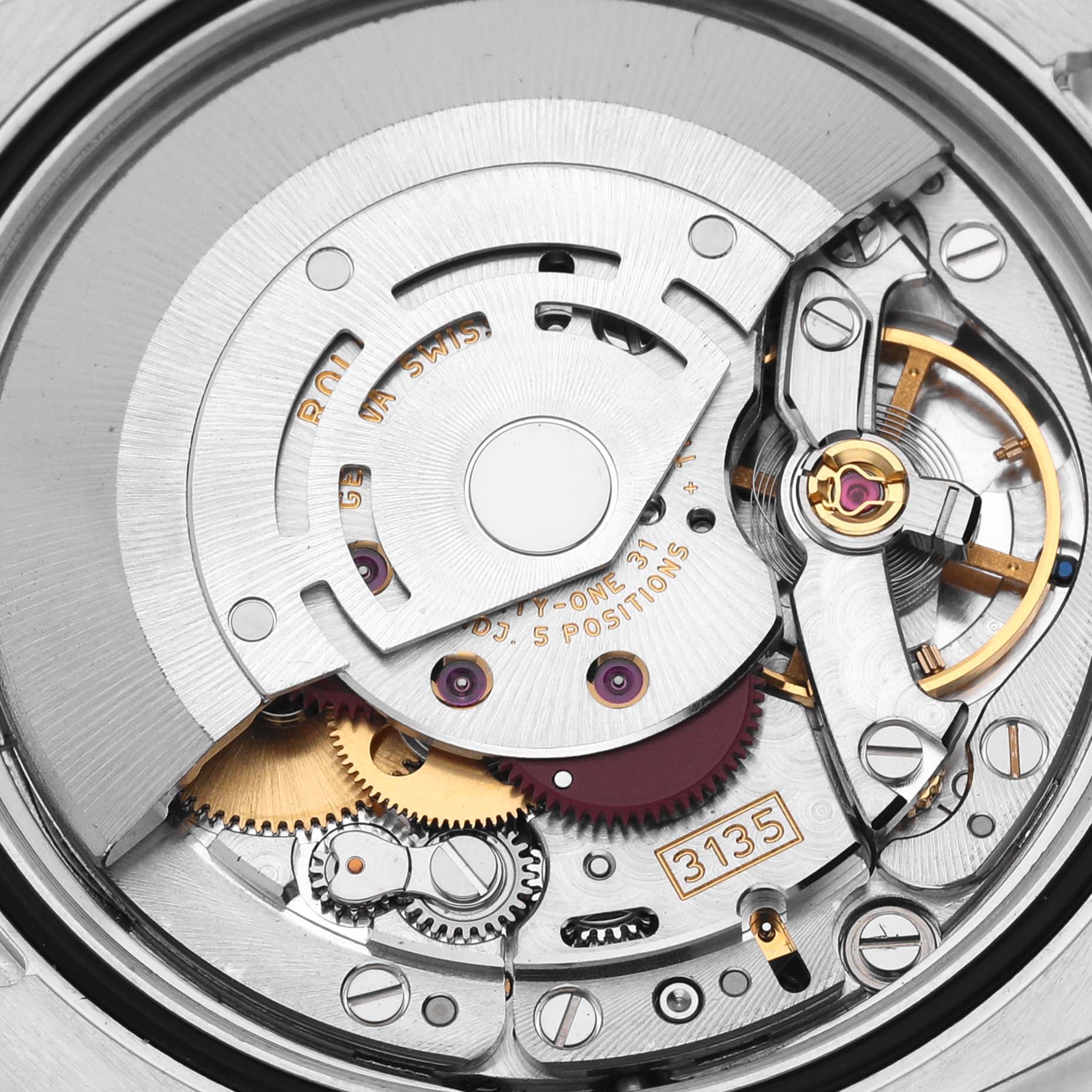 The image shows a close-up of the internal movement mechanism of a Rolex Datejust 116231 Men's Steel and Gold (two tone) Silver Dial 116231 Men's Steel and Gold (two tone) Silver Dial watch.