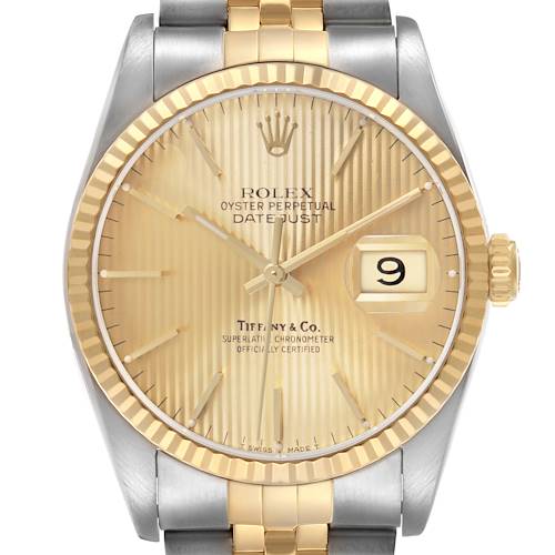 Photo of Rolex Datejust Steel Yellow Gold Tiffany Tapestry Dial Watch 16233 Box Papers