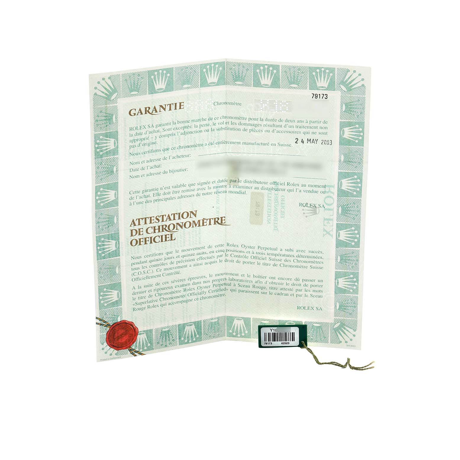 The image shows a Rolex Datejust 79173 Women
s Steel and Gold (two tone) Champagne Dial guarantee and chronometer certification, viewed from the front.