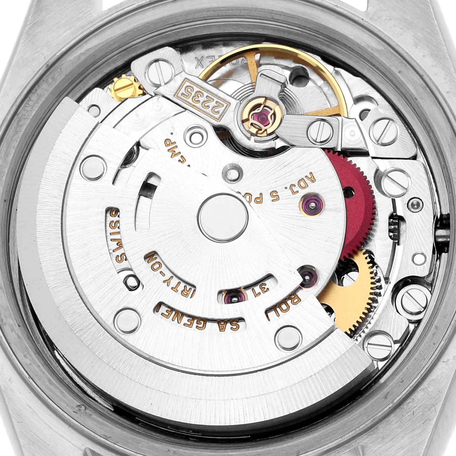 The image shows the movement from the back of a Rolex Datejust 79173 Women
s Steel and Gold (two tone) Champagne Dial, displaying gears and the rotor.