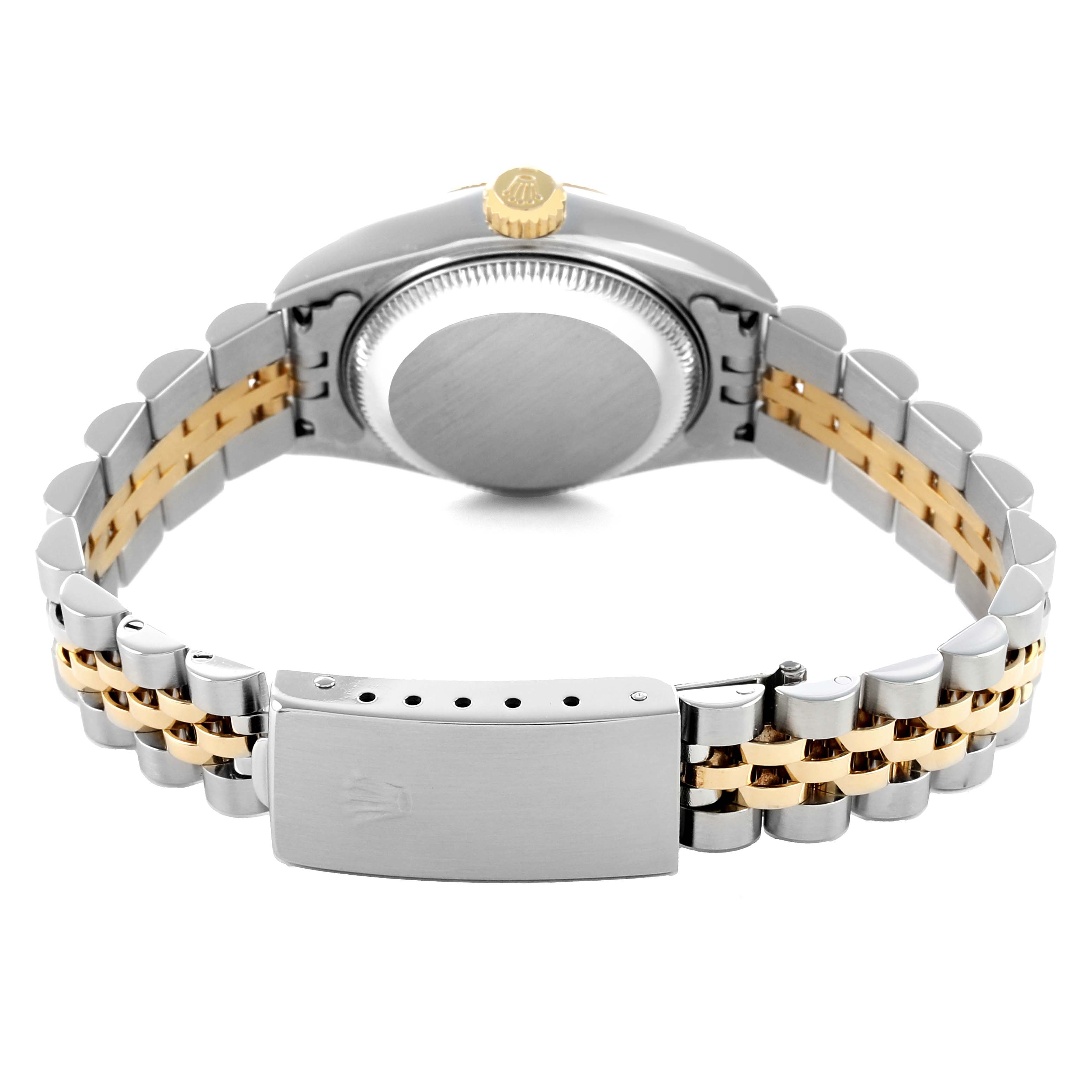 The image shows the back of a Rolex Datejust 79173 Women
s Steel and Gold (two tone) Champagne Dial with its jubilee bracelet and clasp visible.