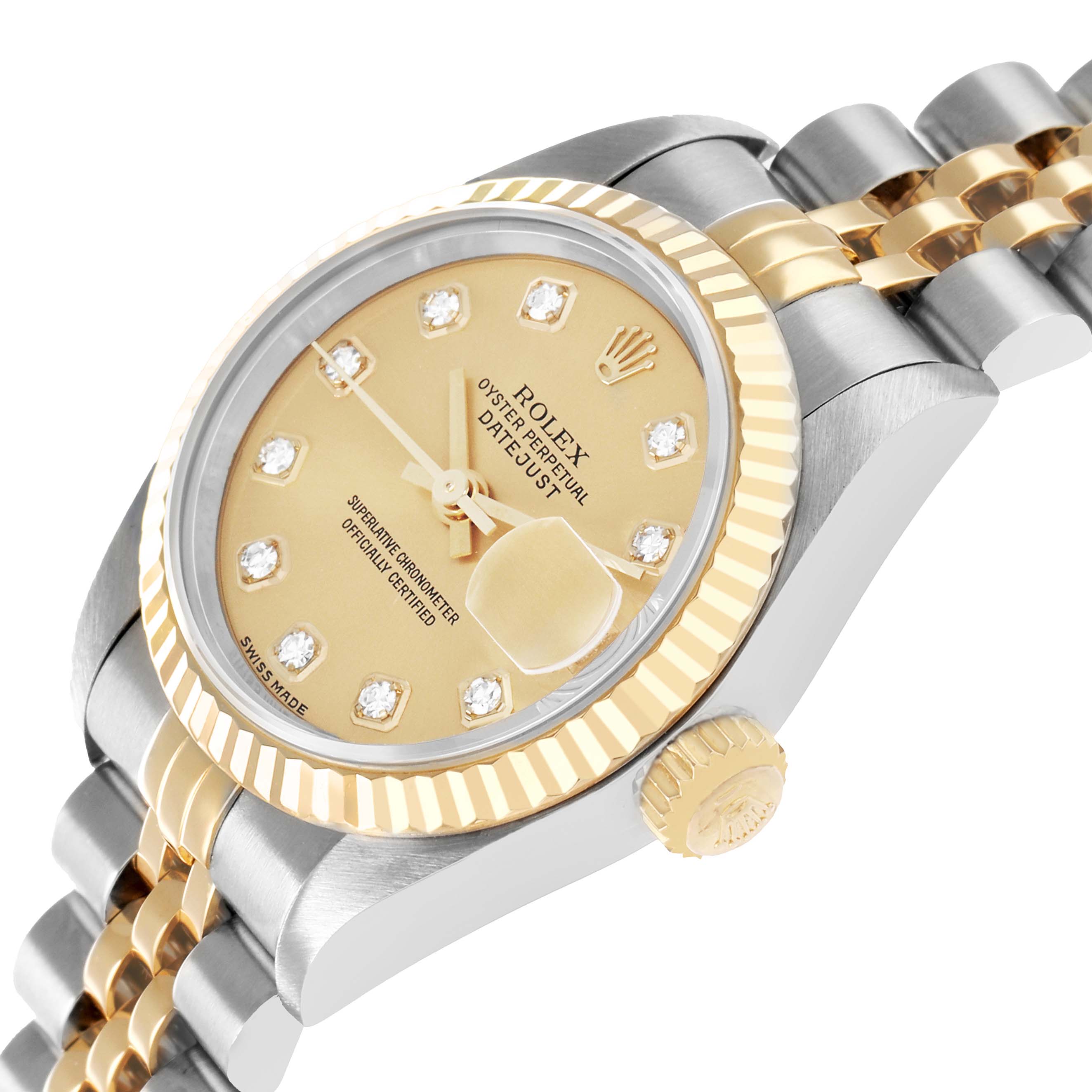 The Rolex Datejust 79173 Women
s Steel and Gold (two tone) Champagne Dial watch is shown at an angled side view, highlighting the dial, bezel, crown, and part of the bracelet.