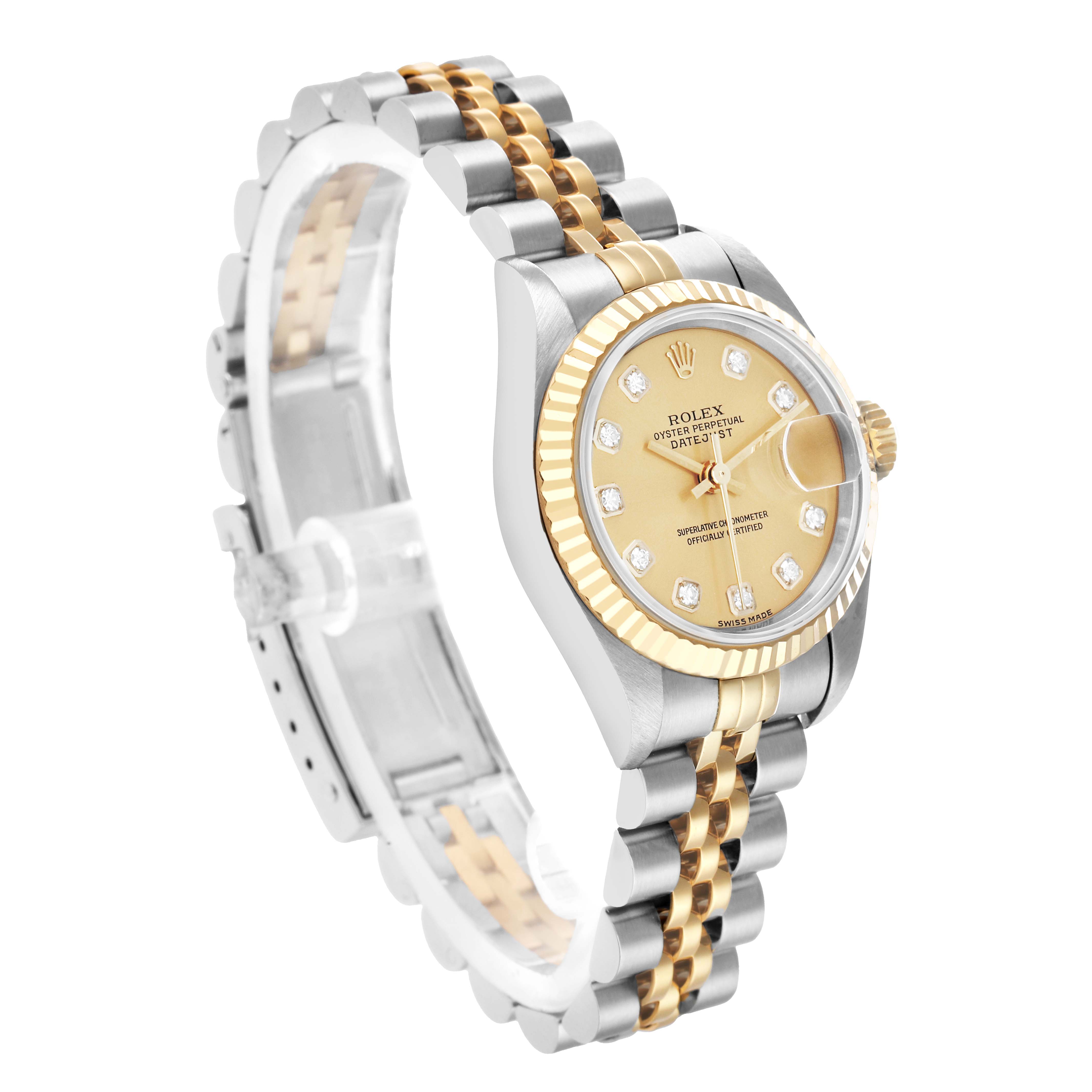 The Rolex Datejust 79173 Women
s Steel and Gold (two tone) Champagne Dial watch is shown at a three-quarter angle, highlighting the dial, fluted bezel, and two-tone bracelet.