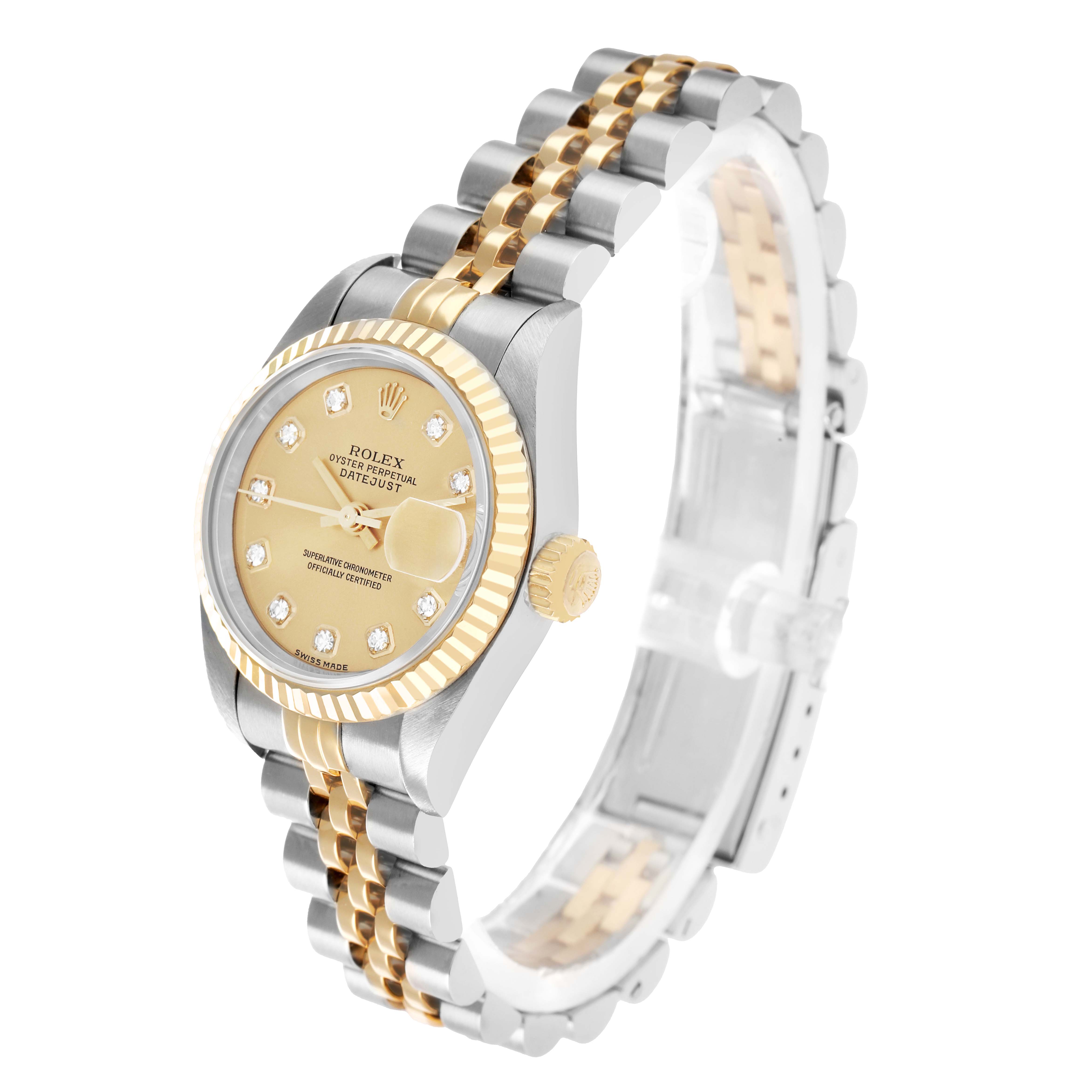 The Rolex Datejust 79173 Women
s Steel and Gold (two tone) Champagne Dial watch is shown at a three-quarter angle, displaying the dial, bezel, crown, and partial bracelet.