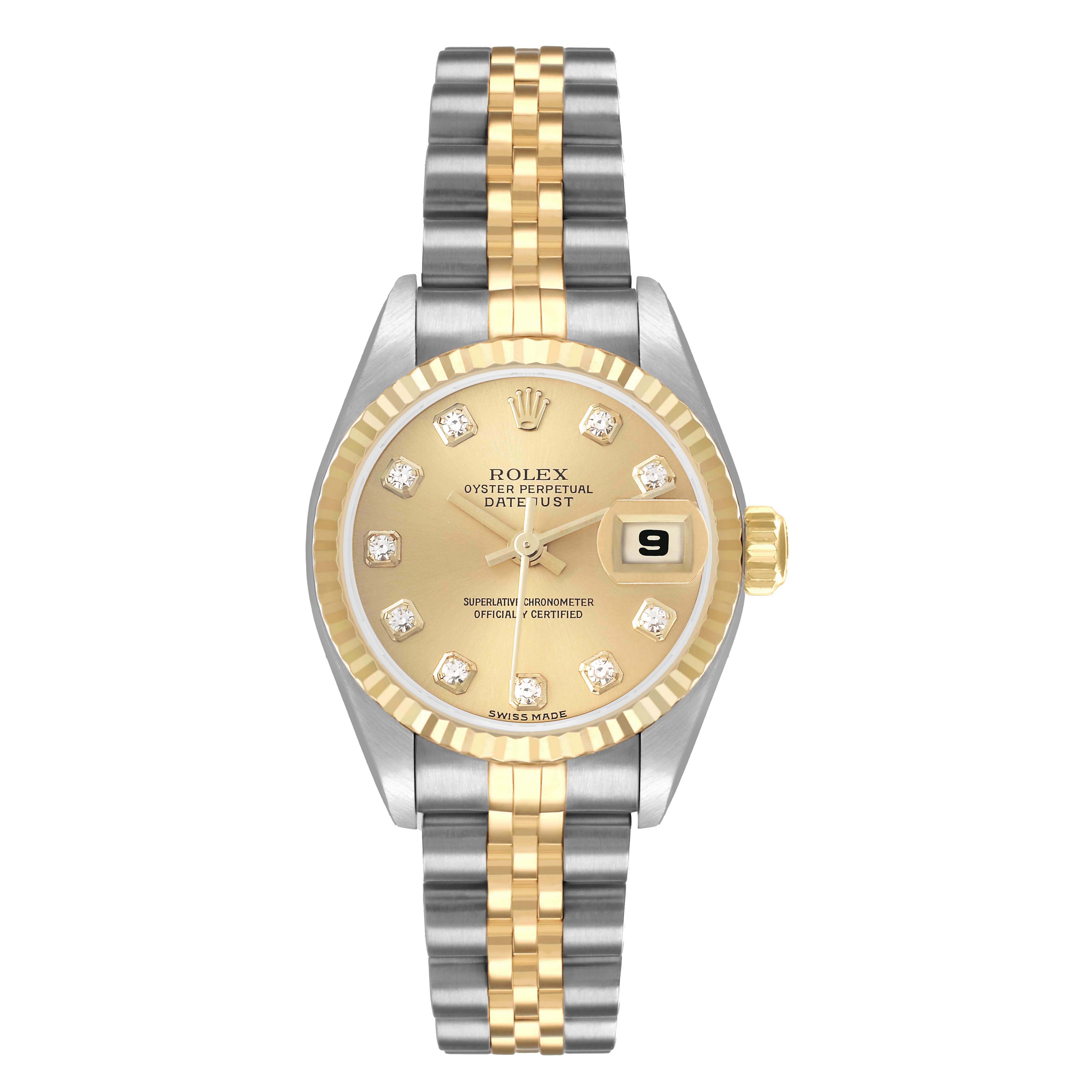 The Rolex Datejust 79173 Women
s Steel and Gold (two tone) Champagne Dial watch is shown from a front angle, displaying its bezel, dial, hands, date window, and bracelet.