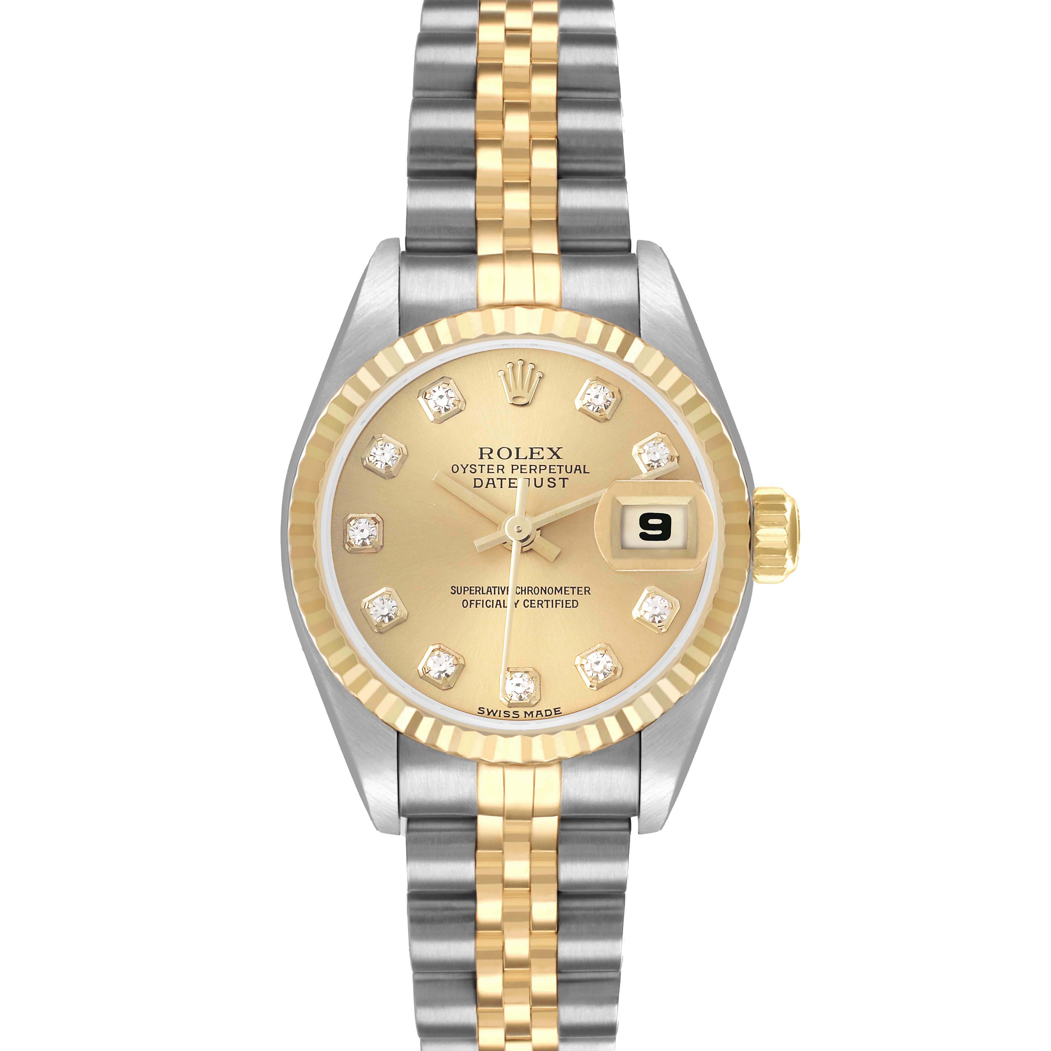 The Rolex Datejust 79173 Women
s Steel and Gold (two tone) Champagne Dial watch is shown from a top-down angle, displaying the dial, bezel, and two-tone bracelet.