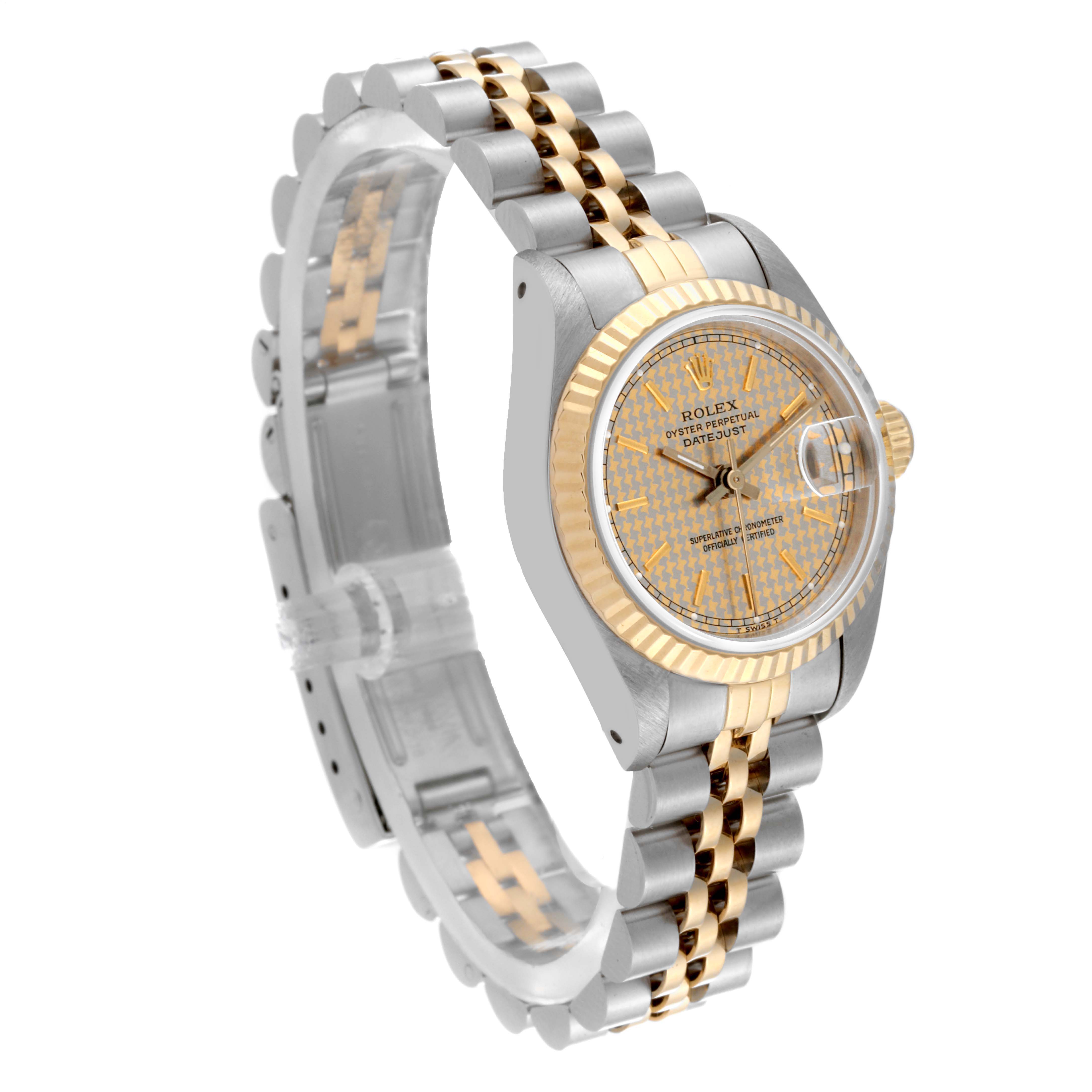 The image shows a Rolex Datejust 69173 Women's Steel and Gold (two tone) Champagne Dial 69173 Women's Steel and Gold (two tone) Champagne Dial watch at a three-quarter angle, highlighting its two-tone band and face with a fluted bezel.