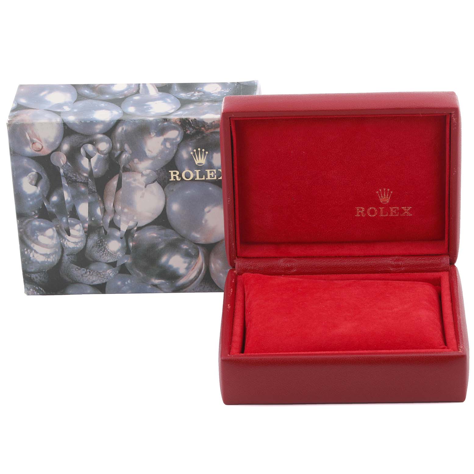 The image shows a Rolex Datejust 69173 Women's Steel and Gold (two tone) Champagne Dial 69173 Women's Steel and Gold (two tone) Champagne Dial watch box and packaging, with the box open to display the red interior and pillow.