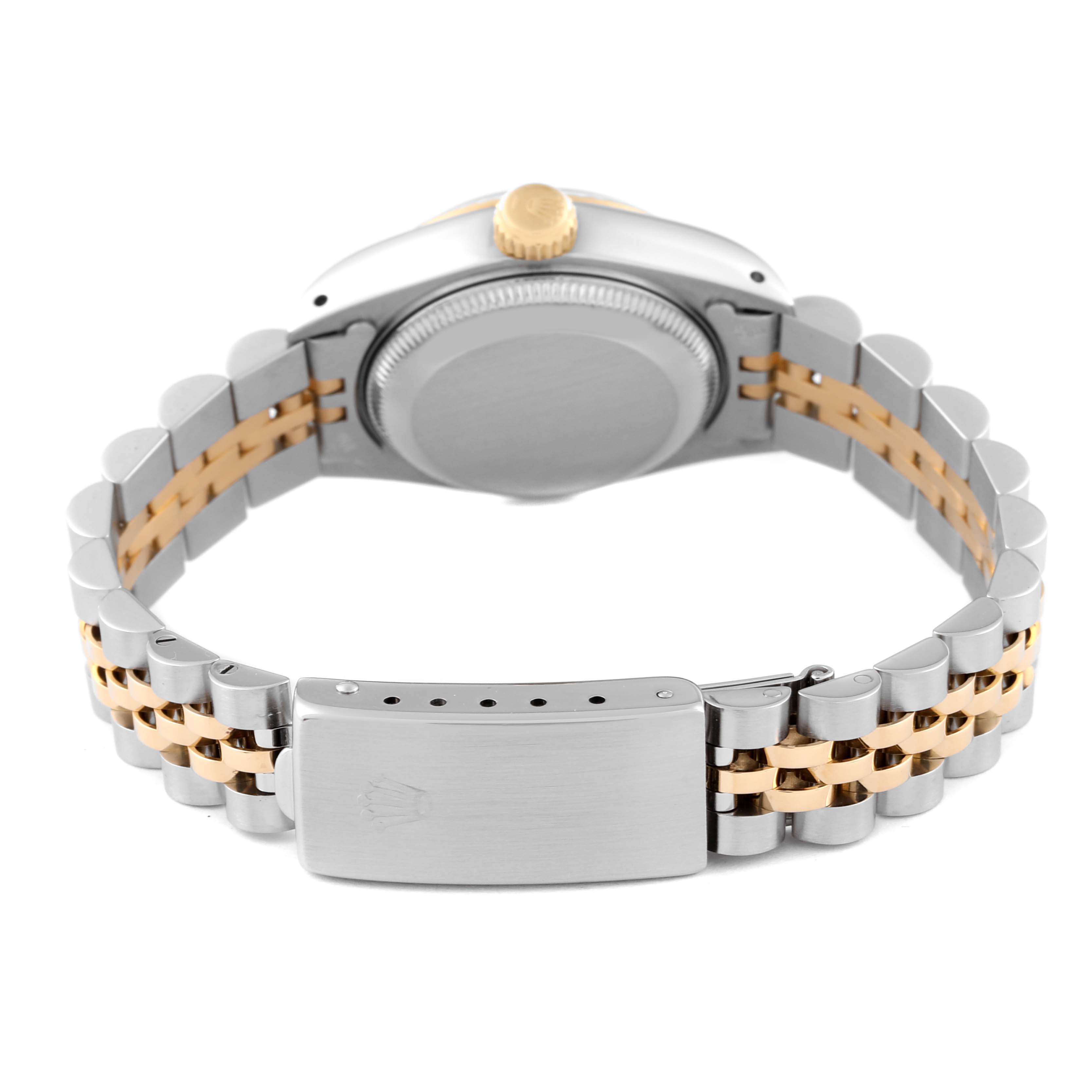 The image shows the back view of a Rolex Datejust 69173 Women's Steel and Gold (two tone) Champagne Dial 69173 Women's Steel and Gold (two tone) Champagne Dial watch, highlighting its clasp, bracelet, case back, and crown.