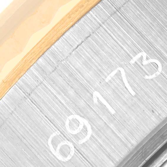 This image shows a close-up of the bracelet and the reference number "69173" on a Rolex Datejust 69173 Women's Steel and Gold (two tone) Champagne Dial 69173 Women's Steel and Gold (two tone) Champagne Dial watch.