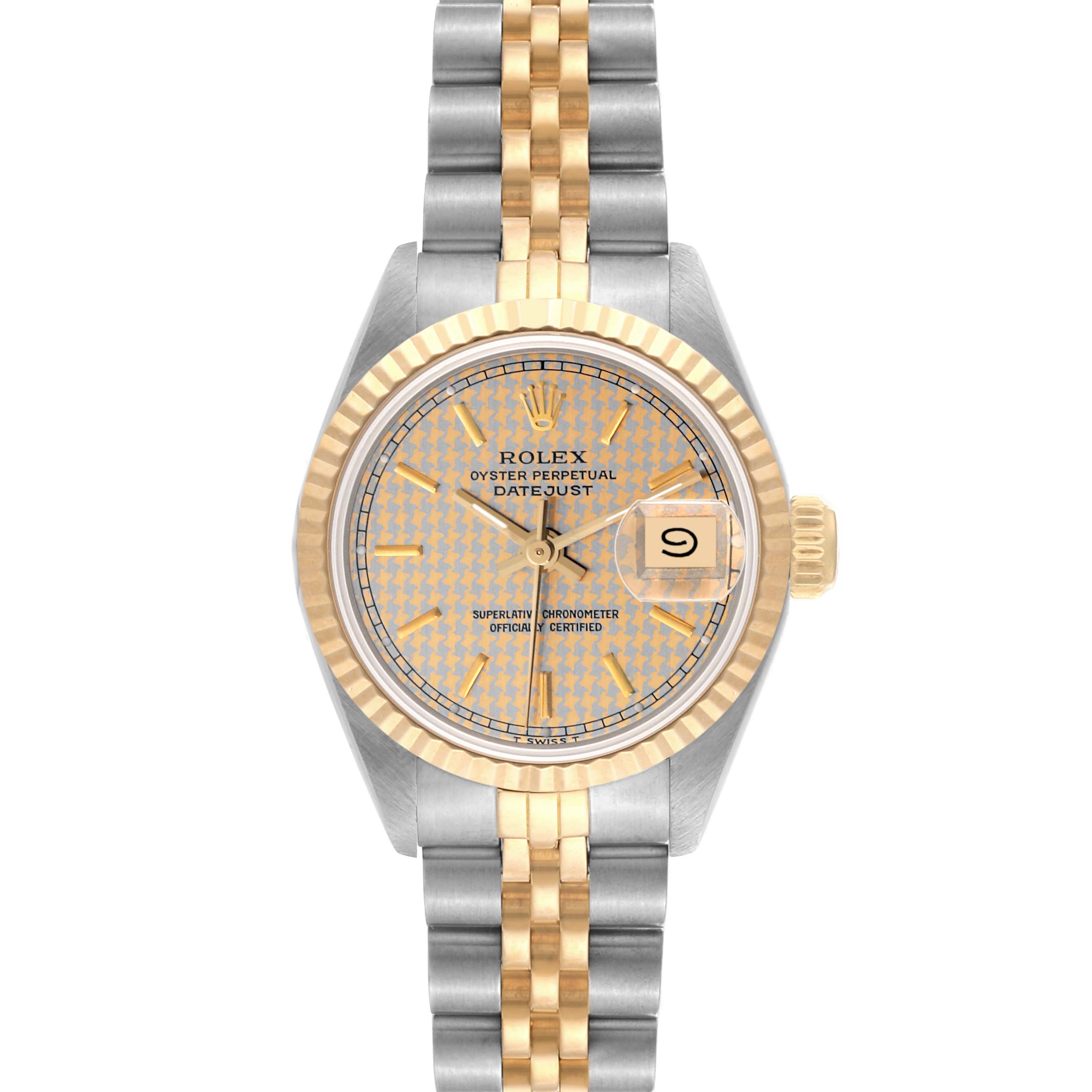 This image shows a front view of a Rolex Datejust 69173 Women's Steel and Gold (two tone) Champagne Dial 69173 Women's Steel and Gold (two tone) Champagne Dial watch, highlighting its face, bezel, and bracelet.