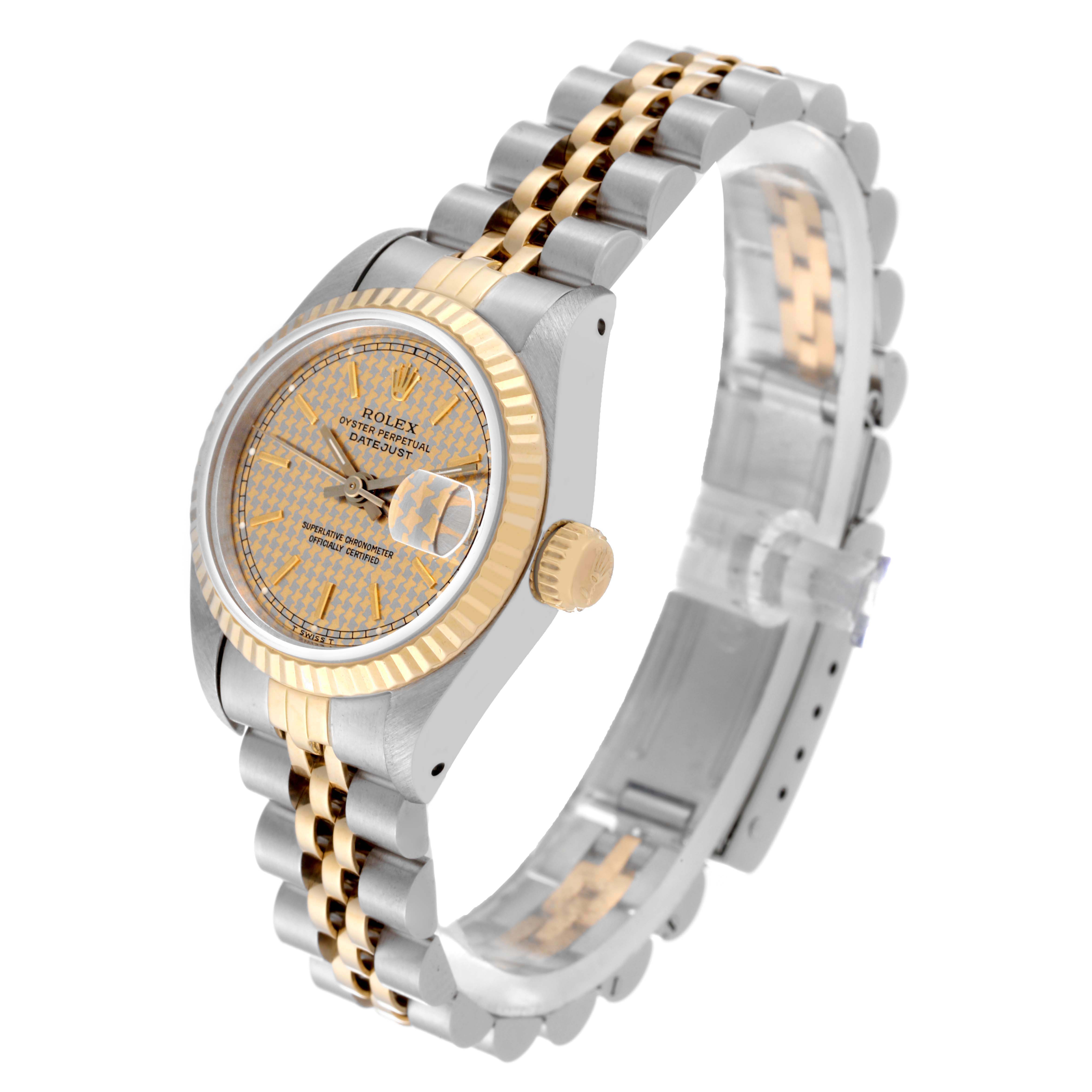 The image shows a Rolex Datejust 69173 Women's Steel and Gold (two tone) Champagne Dial 69173 Women's Steel and Gold (two tone) Champagne Dial watch at an angle highlighting its dial, crown, and two-tone bracelet.
