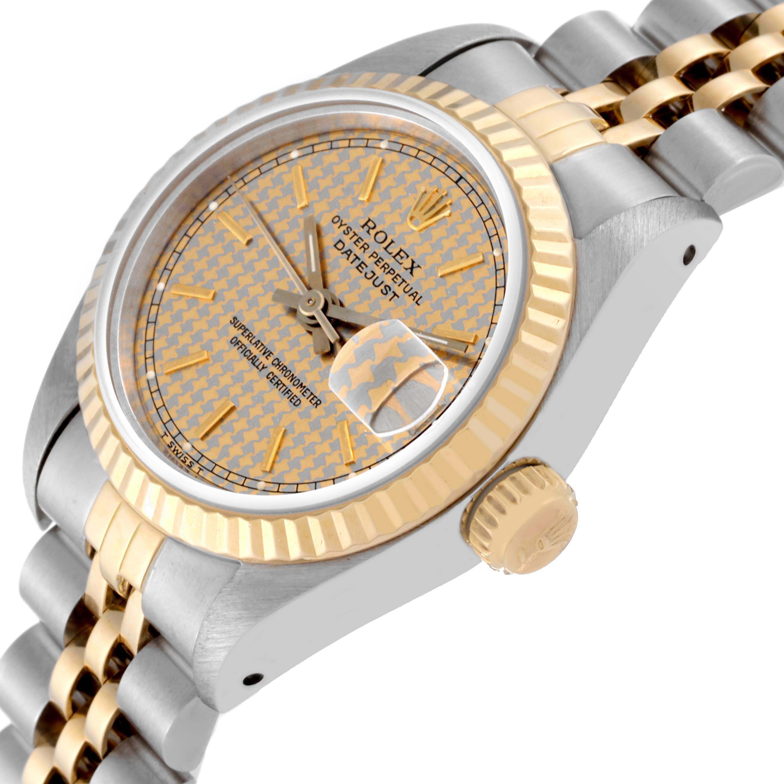 The image shows a Rolex Datejust 69173 Women's Steel and Gold (two tone) Champagne Dial 69173 Women's Steel and Gold (two tone) Champagne Dial watch at an angled side view, highlighting the bezel, crown, dial, and bracelet.