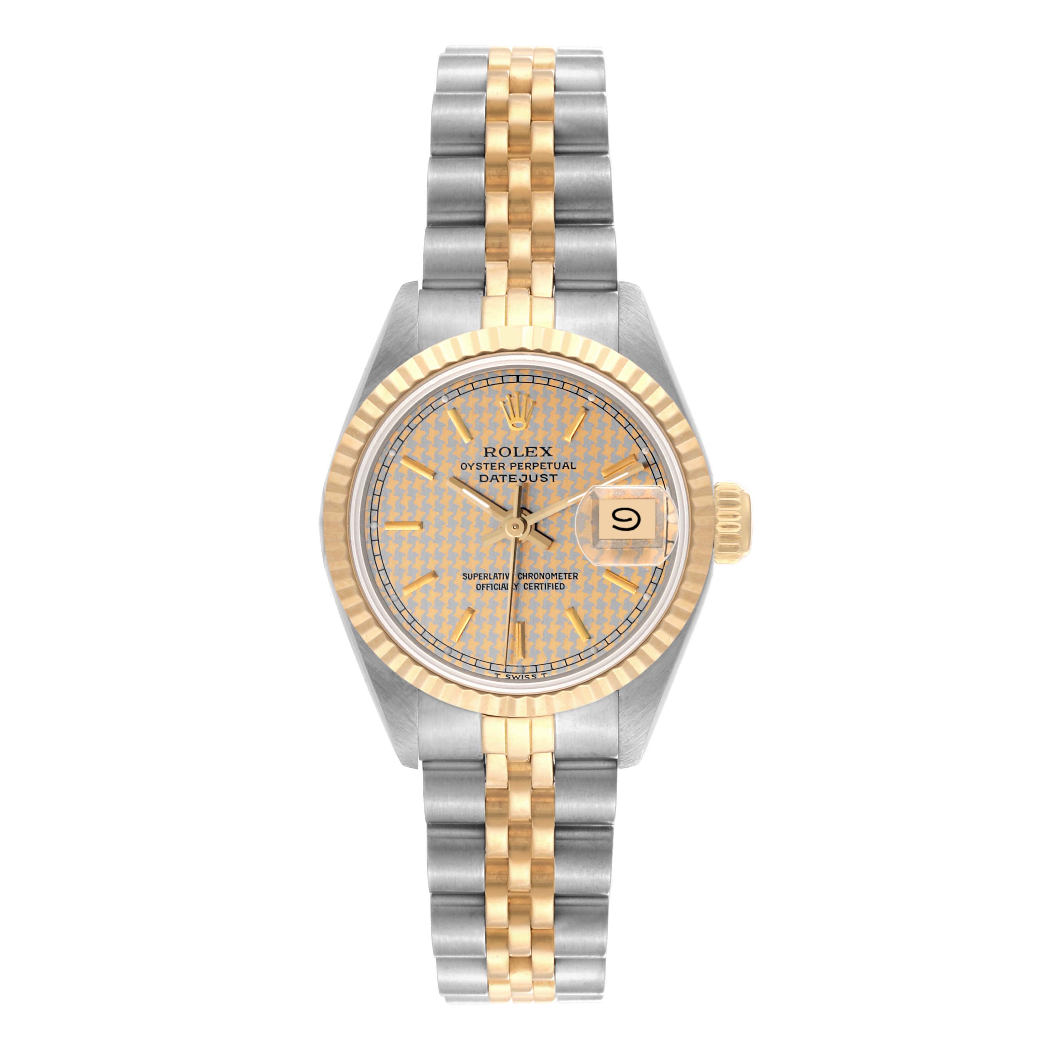 The Rolex Datejust 69173 Women's Steel and Gold (two tone) Champagne Dial 69173 Women's Steel and Gold (two tone) Champagne Dial watch is shown from the front, displaying its dial, bezel, and bracelet.