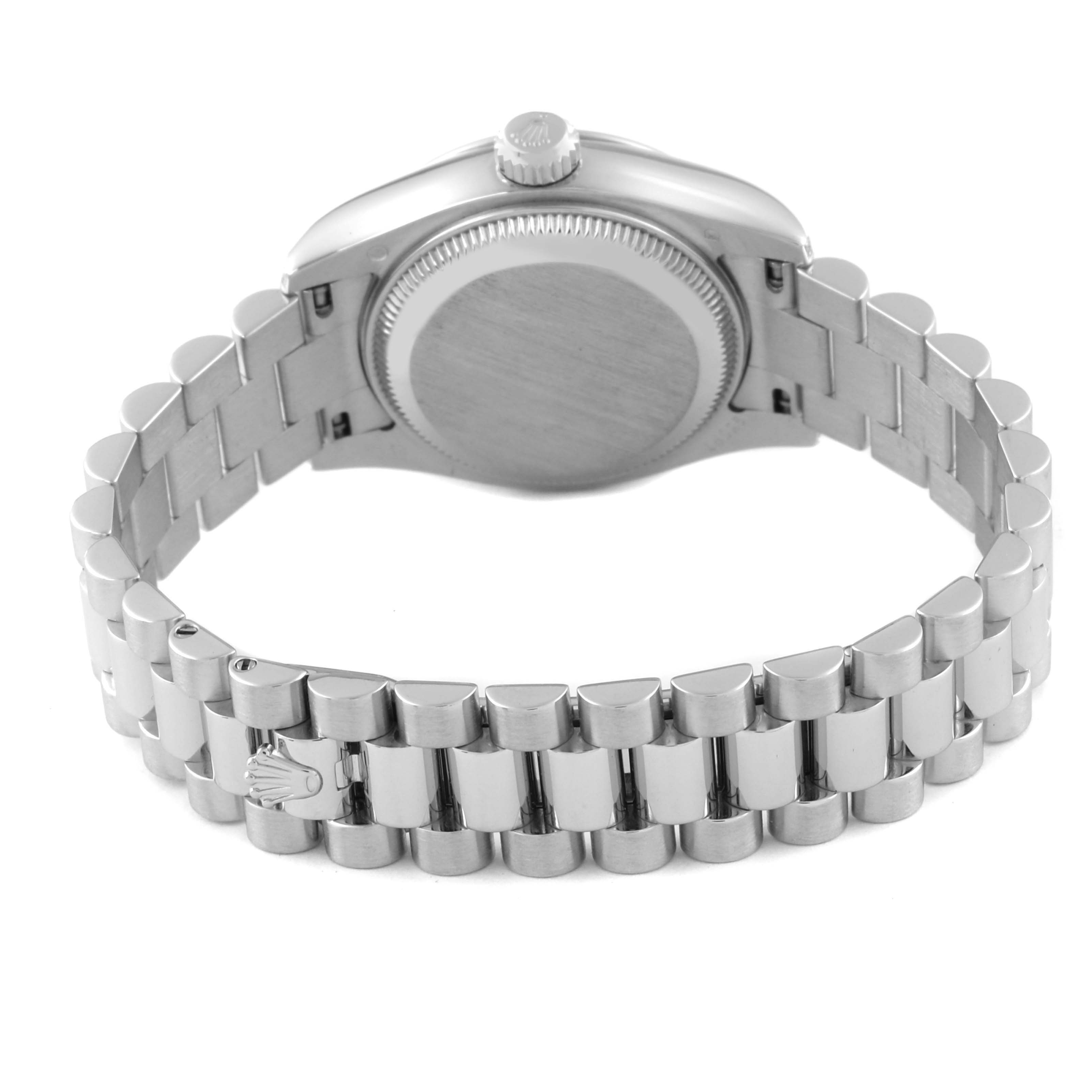 The Rolex President 179296 Women's Platinum Silver Dial 179296 Women's Platinum Silver Dial watch is shown from the back, highlighting the case back, bracelet, and clasp.