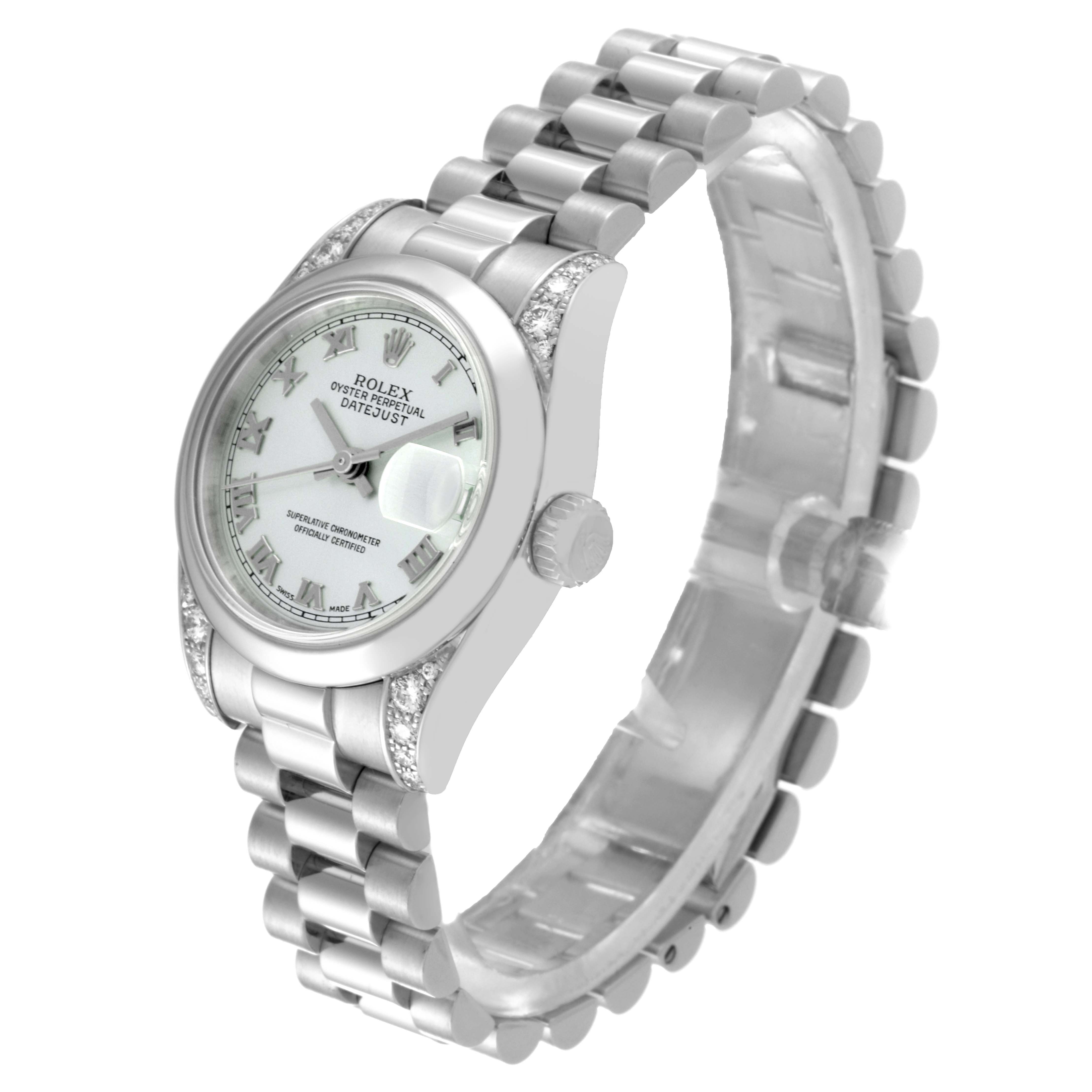 The Rolex President 179296 Women's Platinum Silver Dial 179296 Women's Platinum Silver Dial model is shown from an angled side view, highlighting the case, bracelet, crown, and dial.