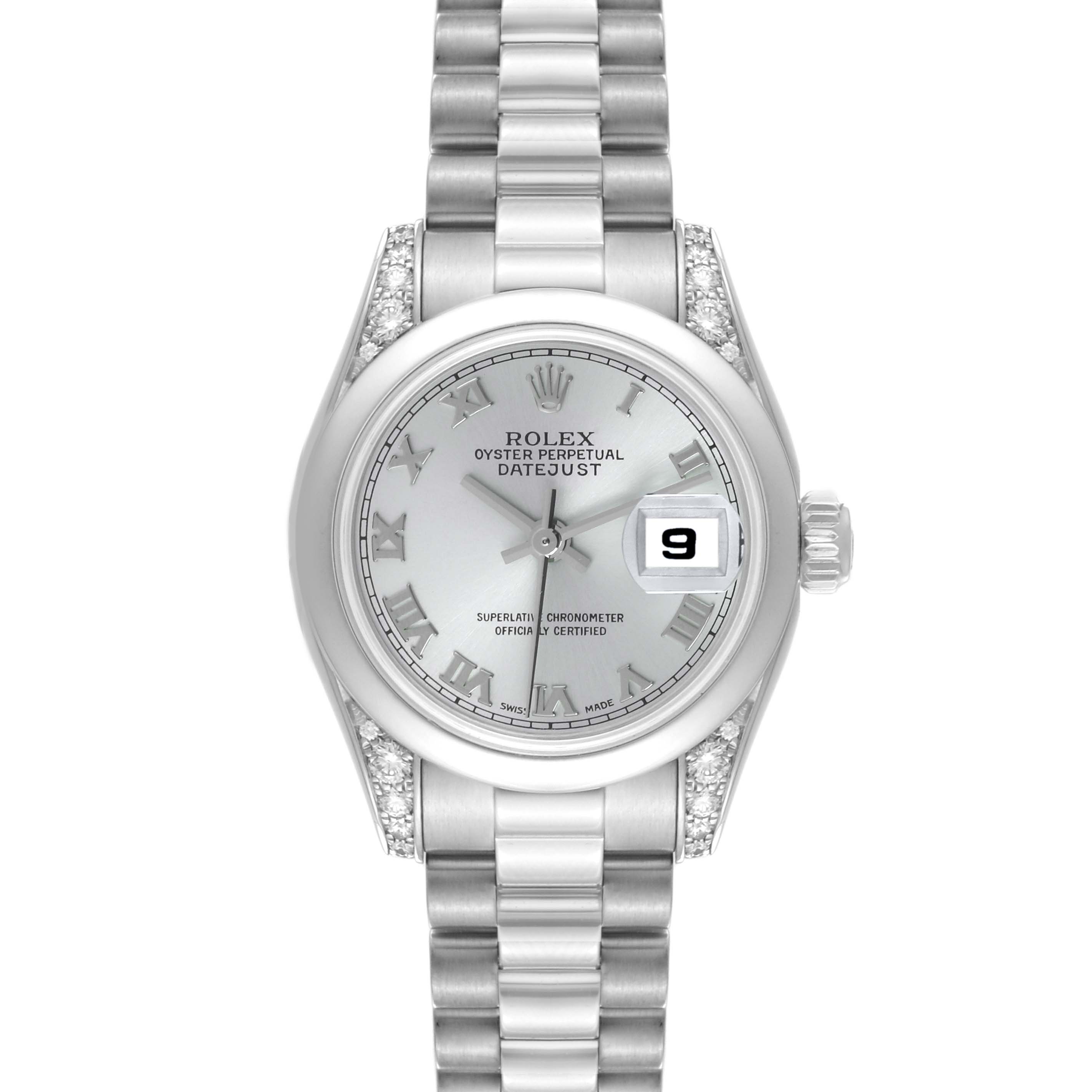 The Rolex President 179296 Women's Platinum Silver Dial 179296 Women's Platinum Silver Dial model is shown from a top view, highlighting the dial, bracelet, and diamond accents.