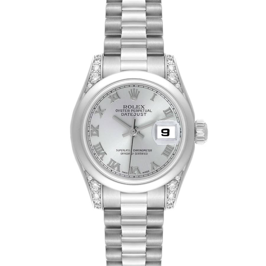 The Rolex President model is shown from a top view, highlighting the dial, bracelet, and diamond accents.