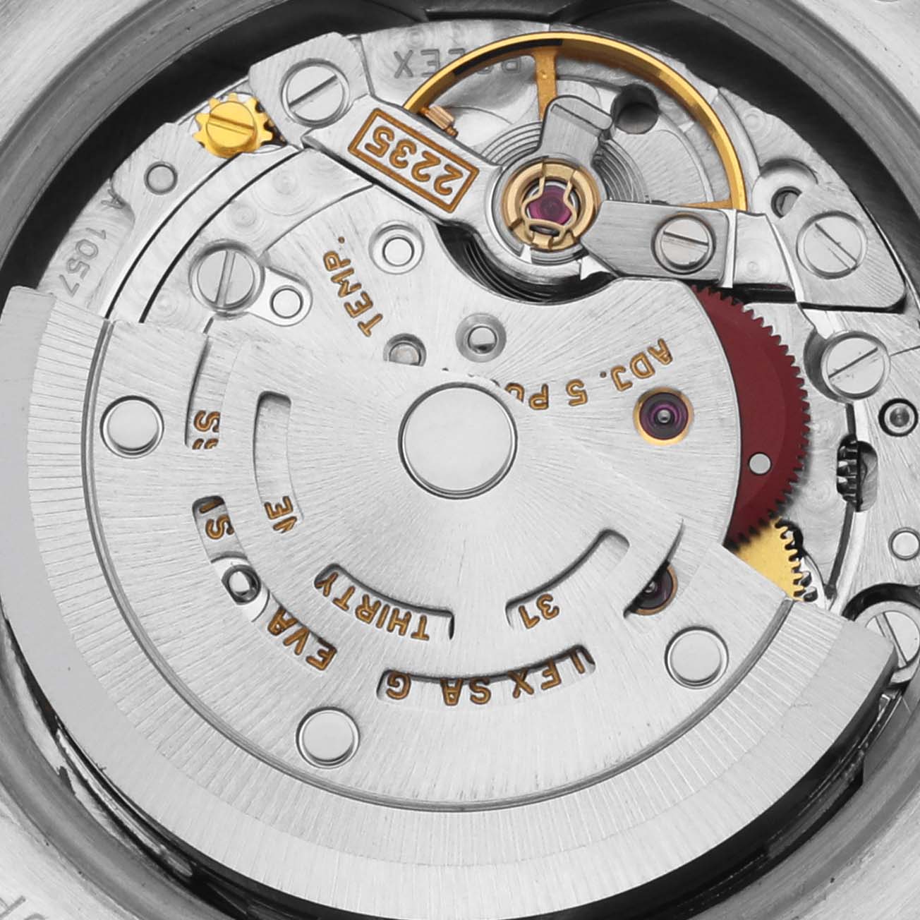 The image shows the inner mechanical movement of the Rolex President 179296 Women's Platinum Silver Dial 179296 Women's Platinum Silver Dial model watch from a top-down angle.