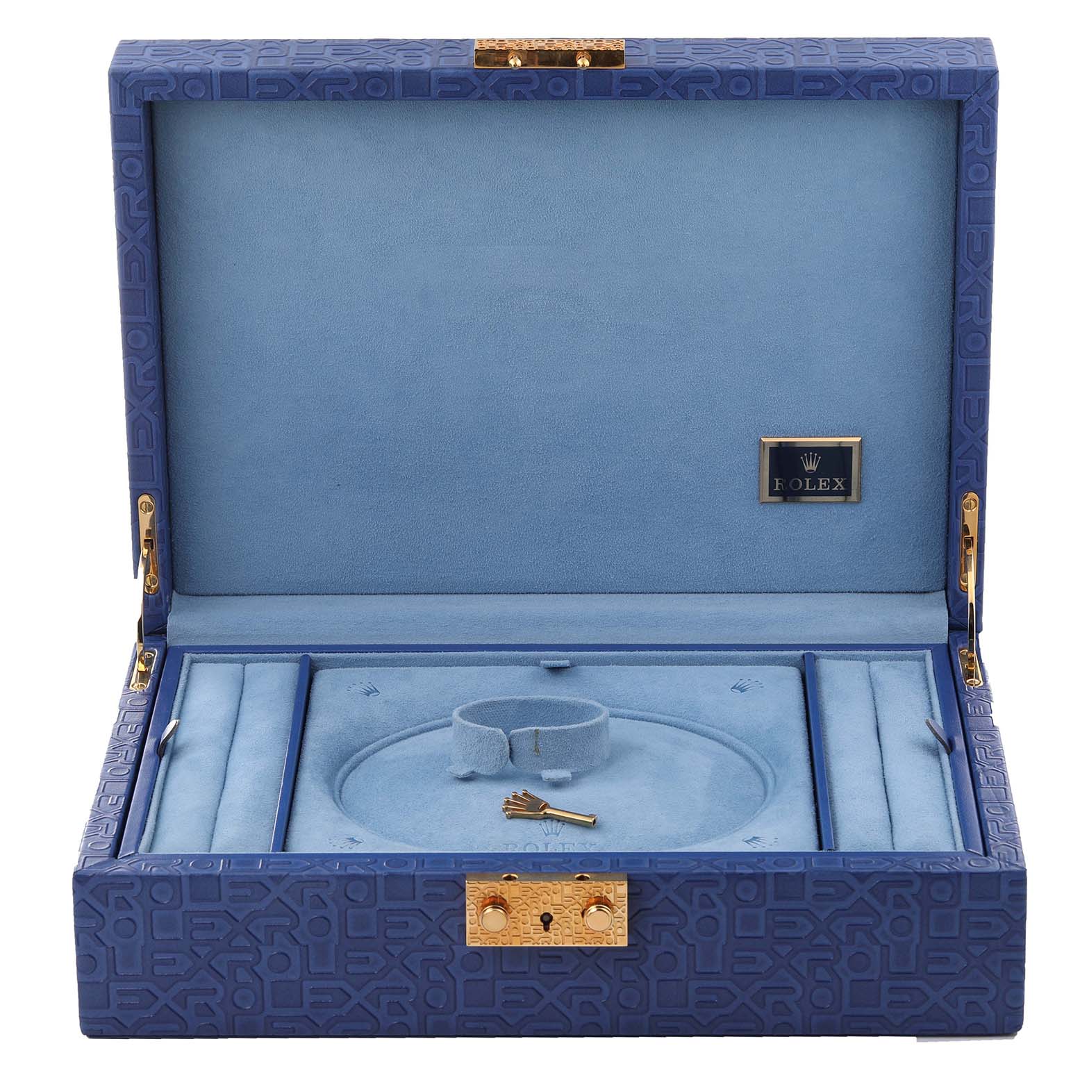 The image shows an open blue Rolex President 179296 Women's Platinum Silver Dial 179296 Women's Platinum Silver Dial watch box with slots for accessories, viewed from the front.