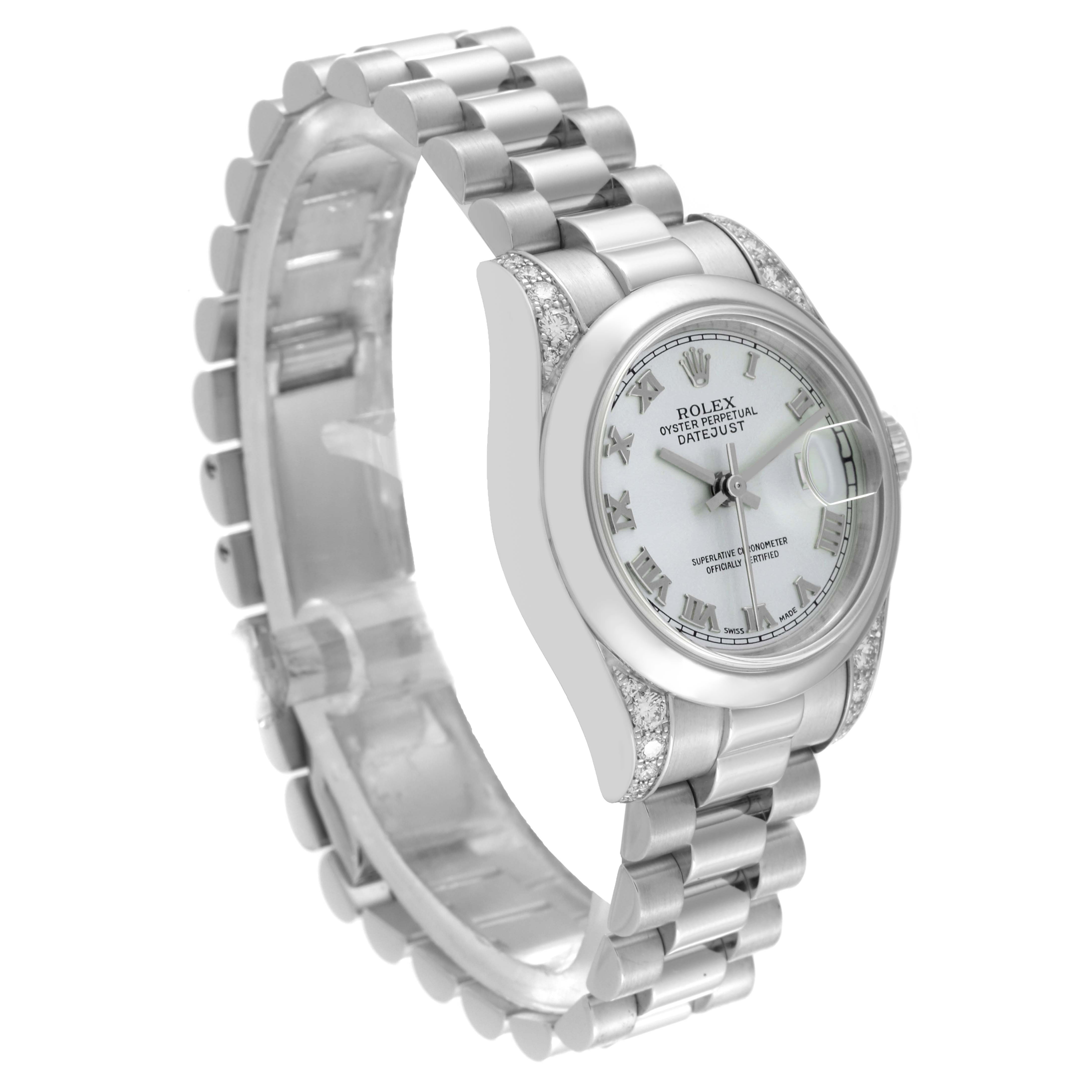 The Rolex President 179296 Women's Platinum Silver Dial 179296 Women's Platinum Silver Dial model watch is shown at a slight angle, highlighting the face, bracelet, and side profile.
