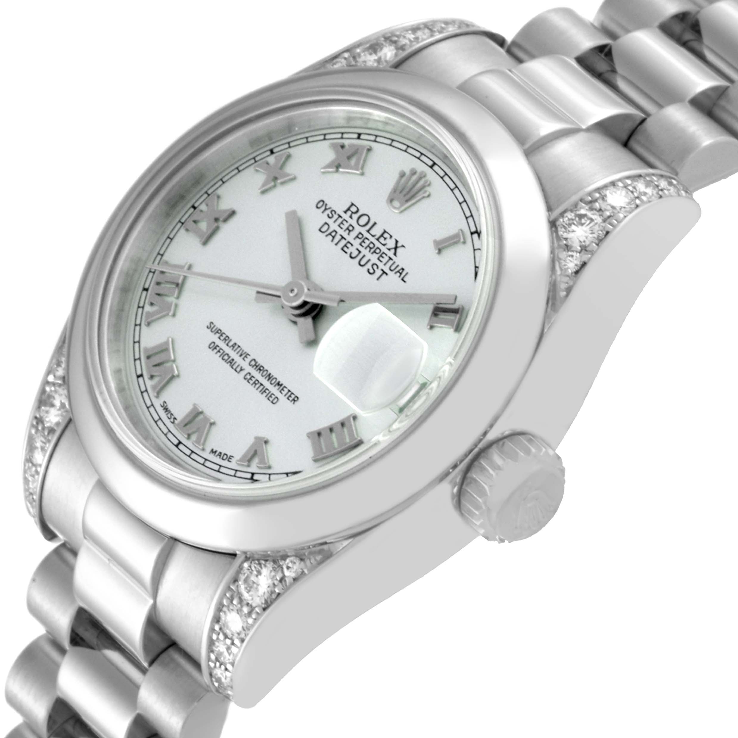 The image shows a side angle of the Rolex President 179296 Women's Platinum Silver Dial 179296 Women's Platinum Silver Dial model, highlighting the dial, bezel, crown, and part of the bracelet.