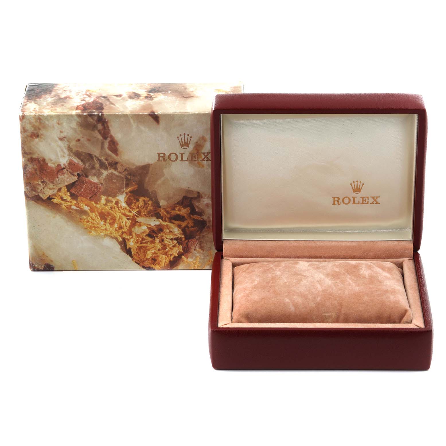 The image shows a Rolex Datejust 69173 Women
s Steel and Gold (two tone) Champagne Dial 69173 Women
s Steel and Gold (two tone) Champagne Dial watch box and outer packaging, with the box open displaying the cushion inside.