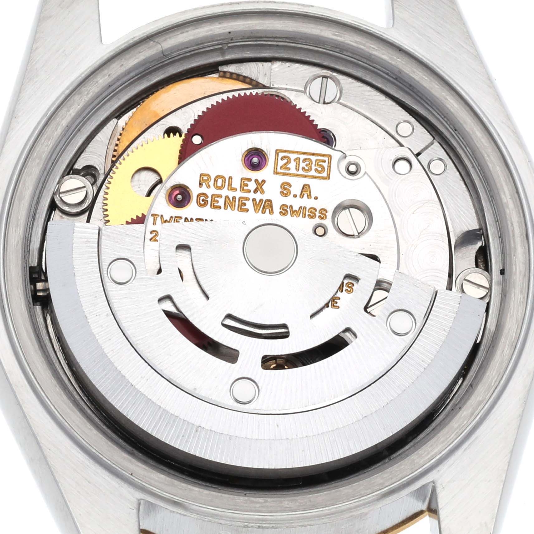 The image shows the back view of the Rolex Datejust 69173 Women
s Steel and Gold (two tone) Champagne Dial 69173 Women
s Steel and Gold (two tone) Champagne Dial model, displaying its movement mechanism.