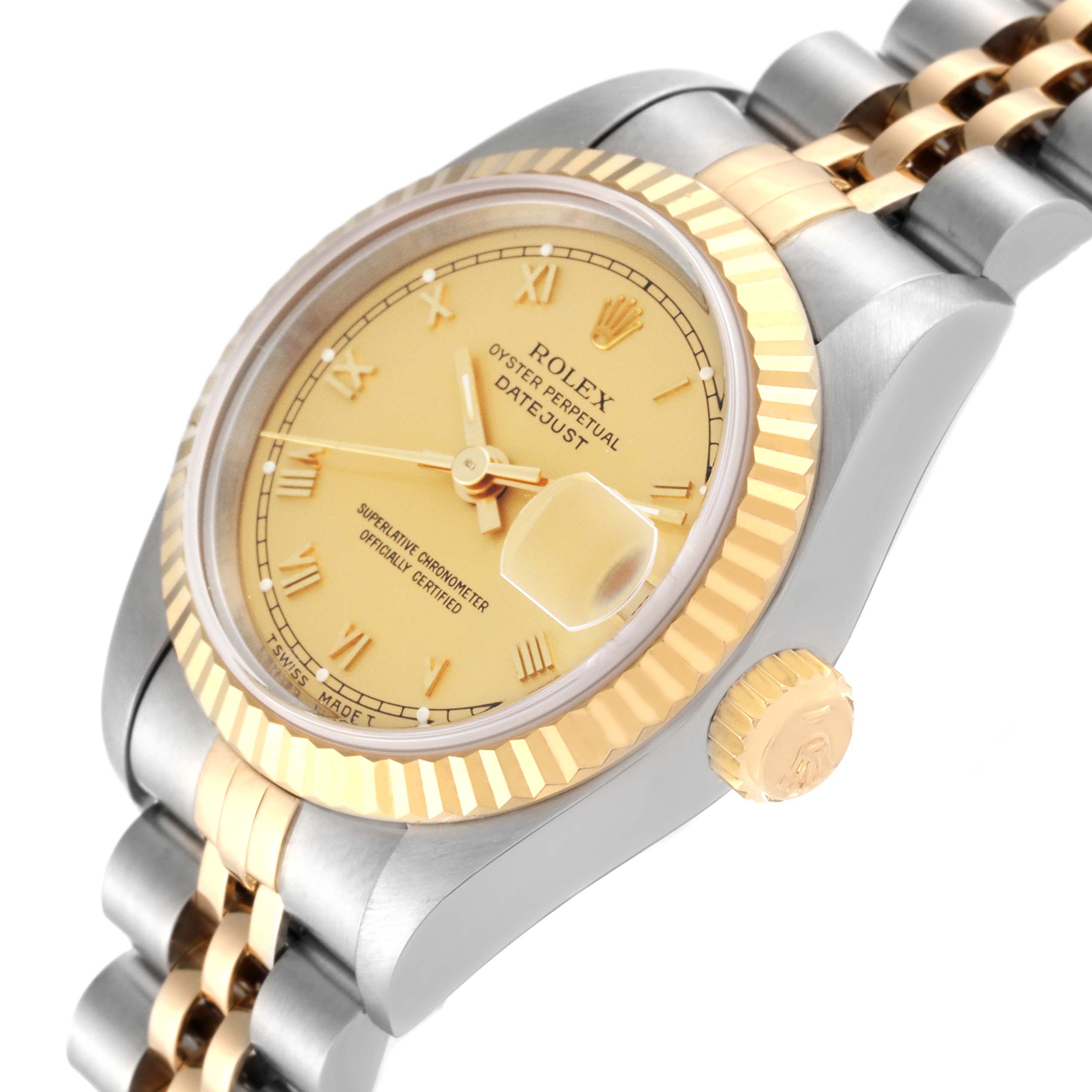 The Rolex Datejust 69173 Women
s Steel and Gold (two tone) Champagne Dial 69173 Women
s Steel and Gold (two tone) Champagne Dial watch is shown at an angled top-down view, highlighting the dial, bezel, and part of the bracelet.