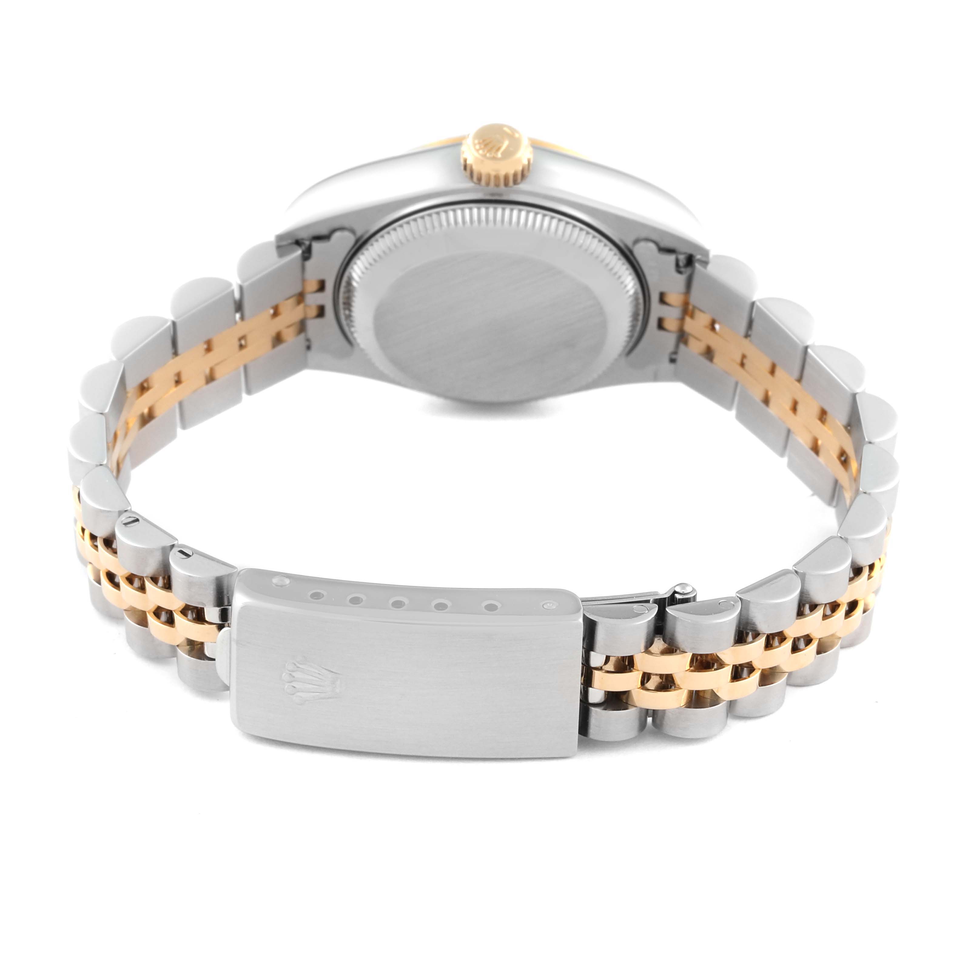 This Rolex Datejust 69173 Women
s Steel and Gold (two tone) Champagne Dial 69173 Women
s Steel and Gold (two tone) Champagne Dial watch is shown from the back, highlighting the case back, crown, and two-tone bracelet with the clasp.