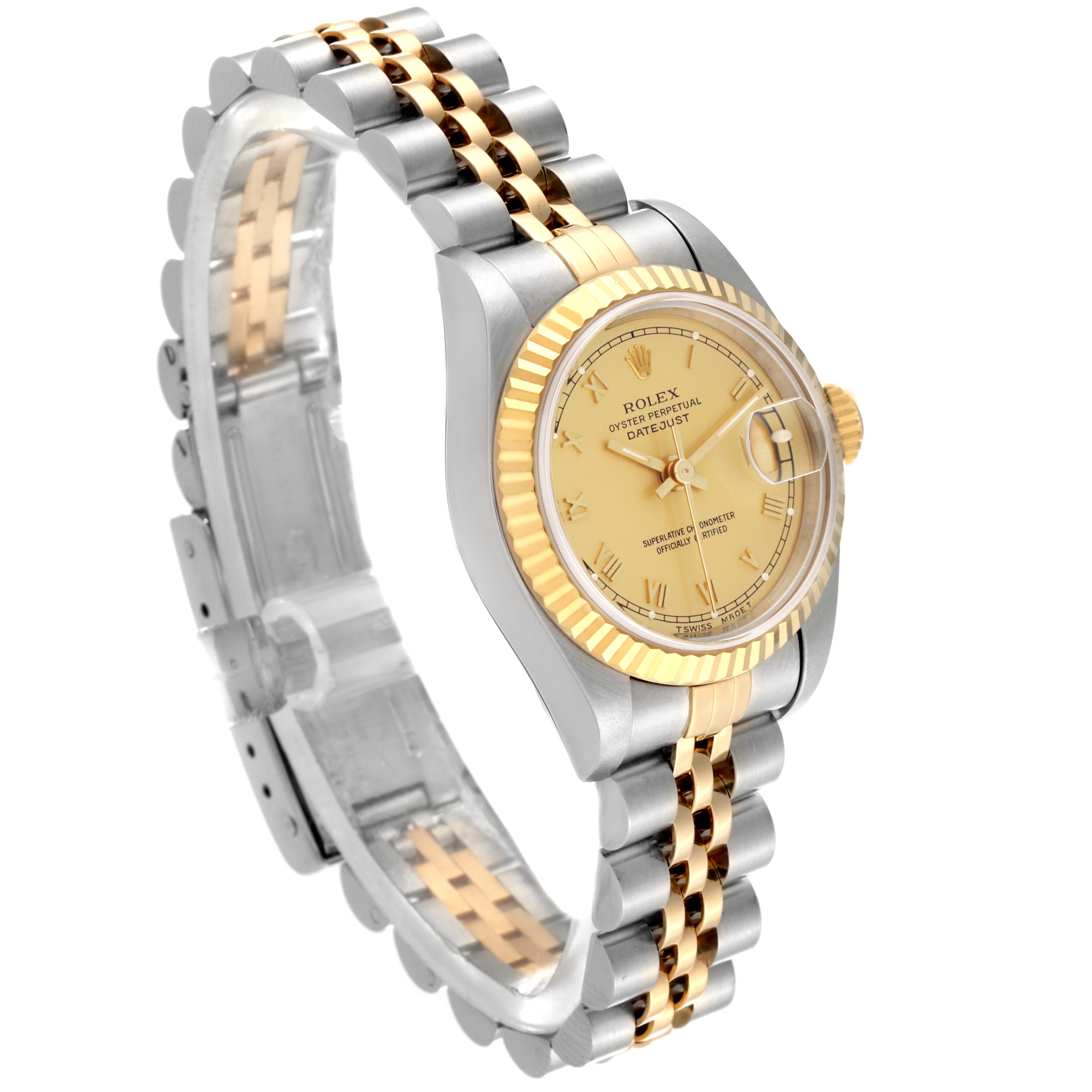 The image displays a side-angle view of the Rolex Datejust 69173 Women
s Steel and Gold (two tone) Champagne Dial 69173 Women
s Steel and Gold (two tone) Champagne Dial watch, showcasing its gold dial, fluted bezel, and two-tone bracelet.