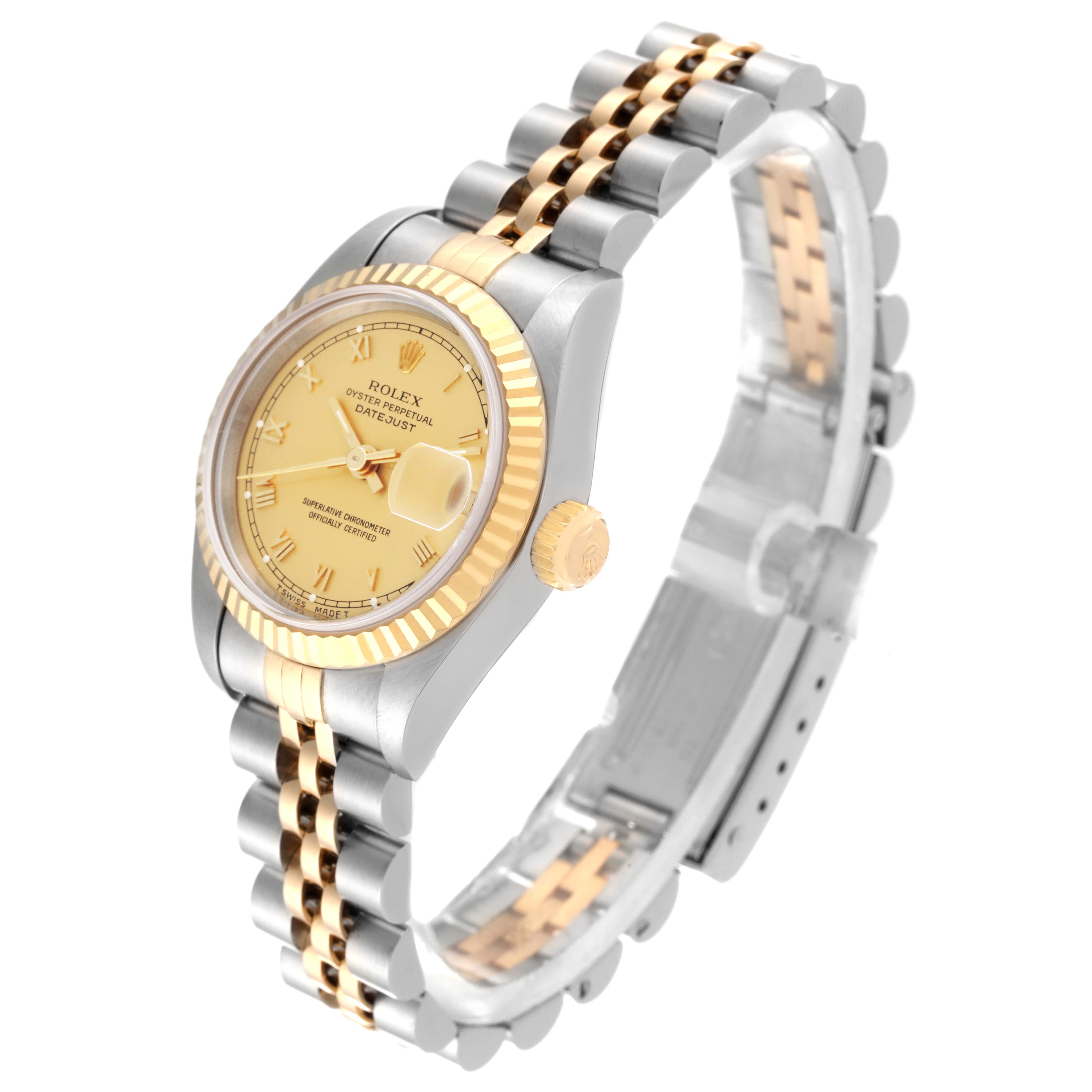 The Rolex Datejust 69173 Women
s Steel and Gold (two tone) Champagne Dial 69173 Women
s Steel and Gold (two tone) Champagne Dial watch is shown at an angle highlighting its face, crown, bezel, and two-tone bracelet.
