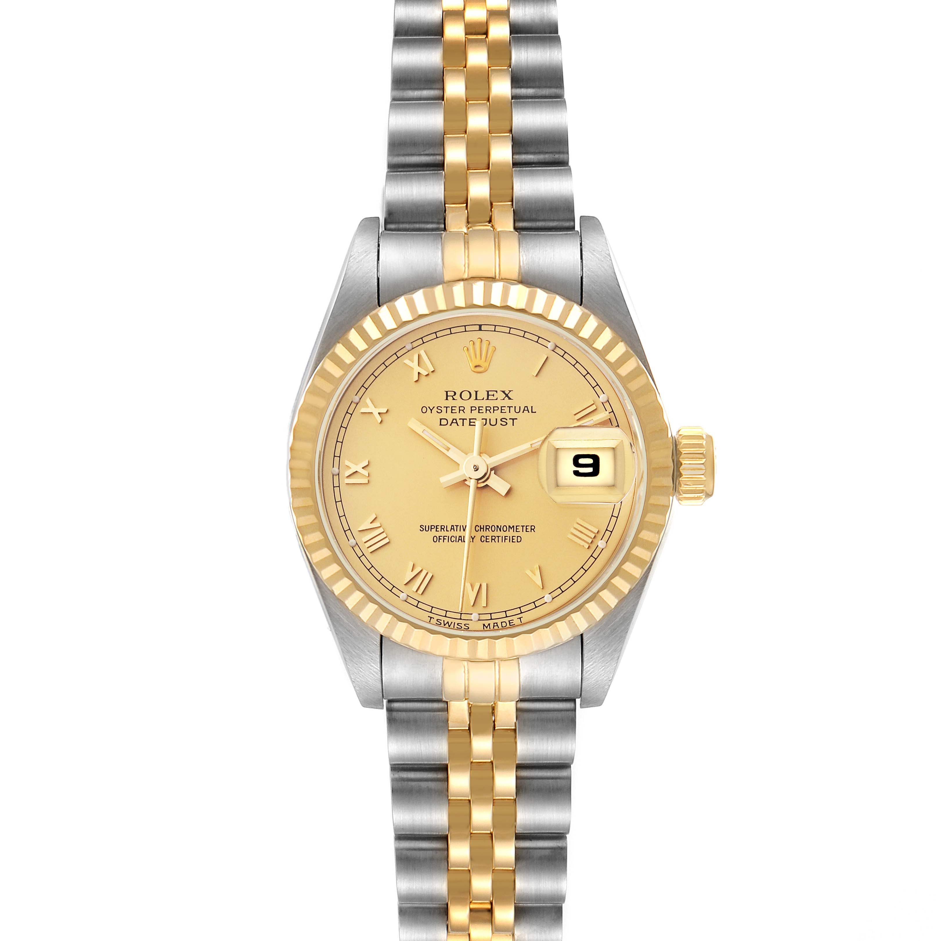 This image shows a front view of the Rolex Datejust 69173 Women
s Steel and Gold (two tone) Champagne Dial 69173 Women
s Steel and Gold (two tone) Champagne Dial watch, highlighting the dial, bezel, bracelet, and date window.