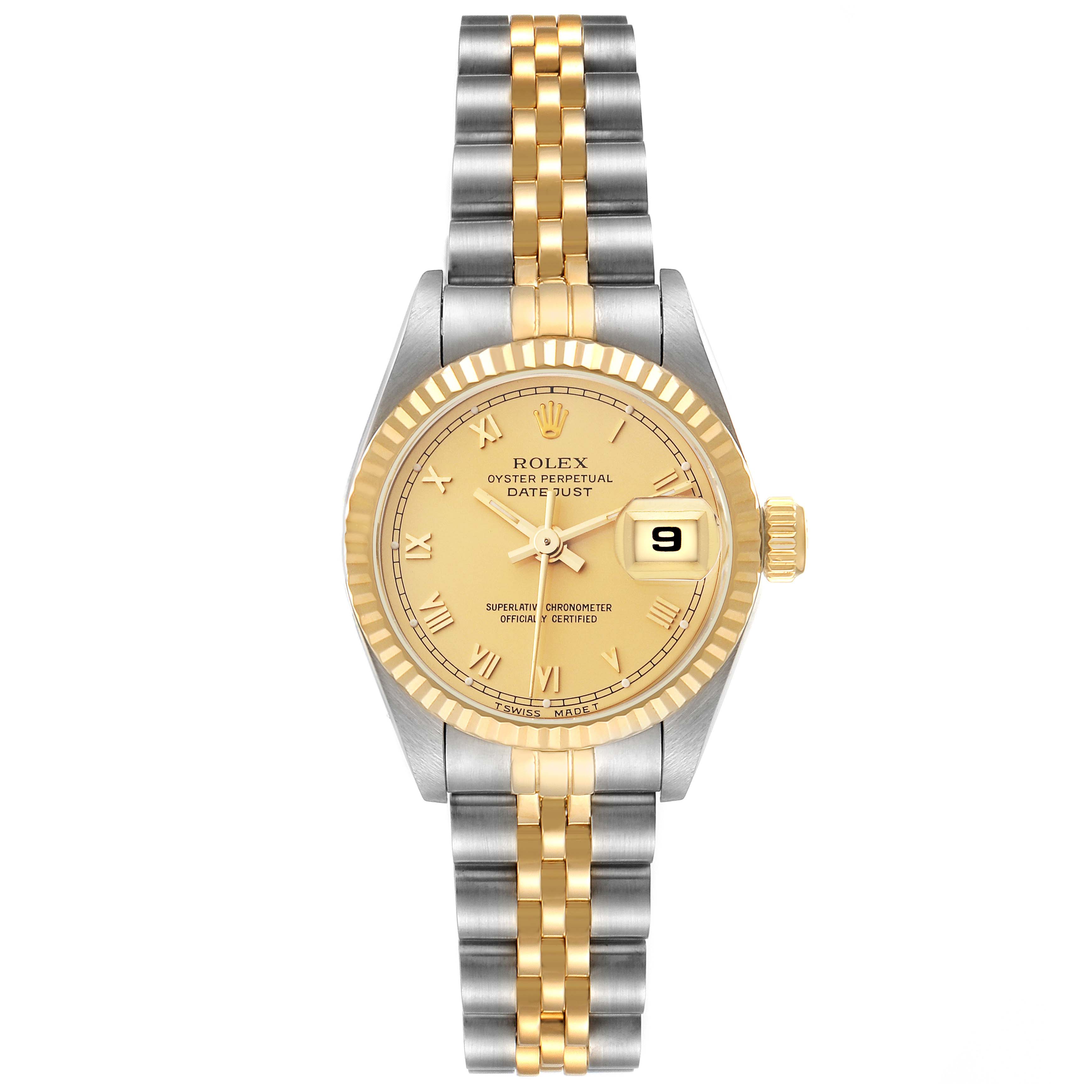 This is a front view of a Rolex Datejust 69173 Women
s Steel and Gold (two tone) Champagne Dial 69173 Women
s Steel and Gold (two tone) Champagne Dial watch, showing the dial, bezel, date window, and bracelet.