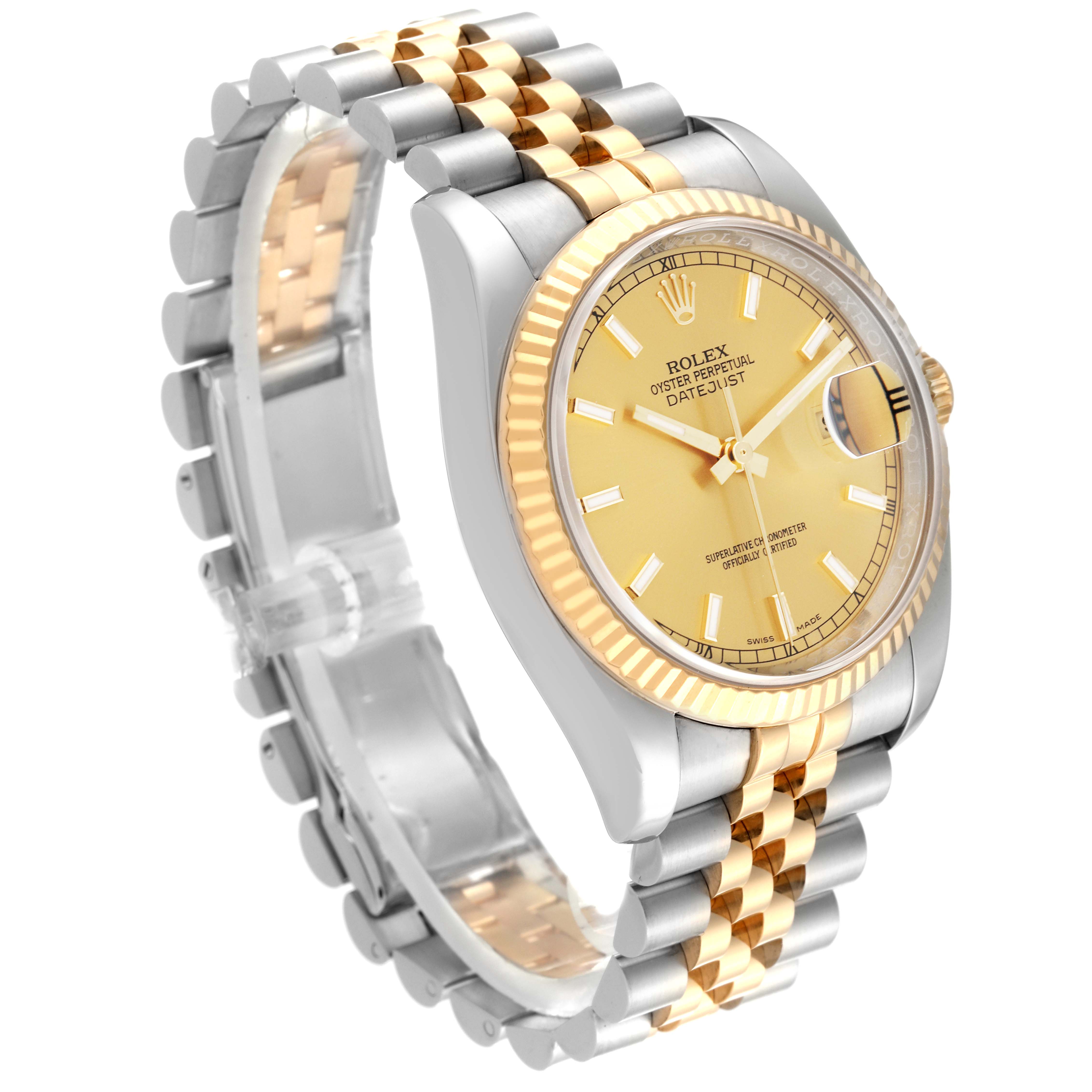 The Rolex Datejust 116233 Men
s Steel and Gold (two tone) Champagne Dial 116233 Men
s Steel and Gold (two tone) Champagne Dial 41 watch is shown at a three-quarter angle, highlighting the gold and silver bracelet and fluted bezel.