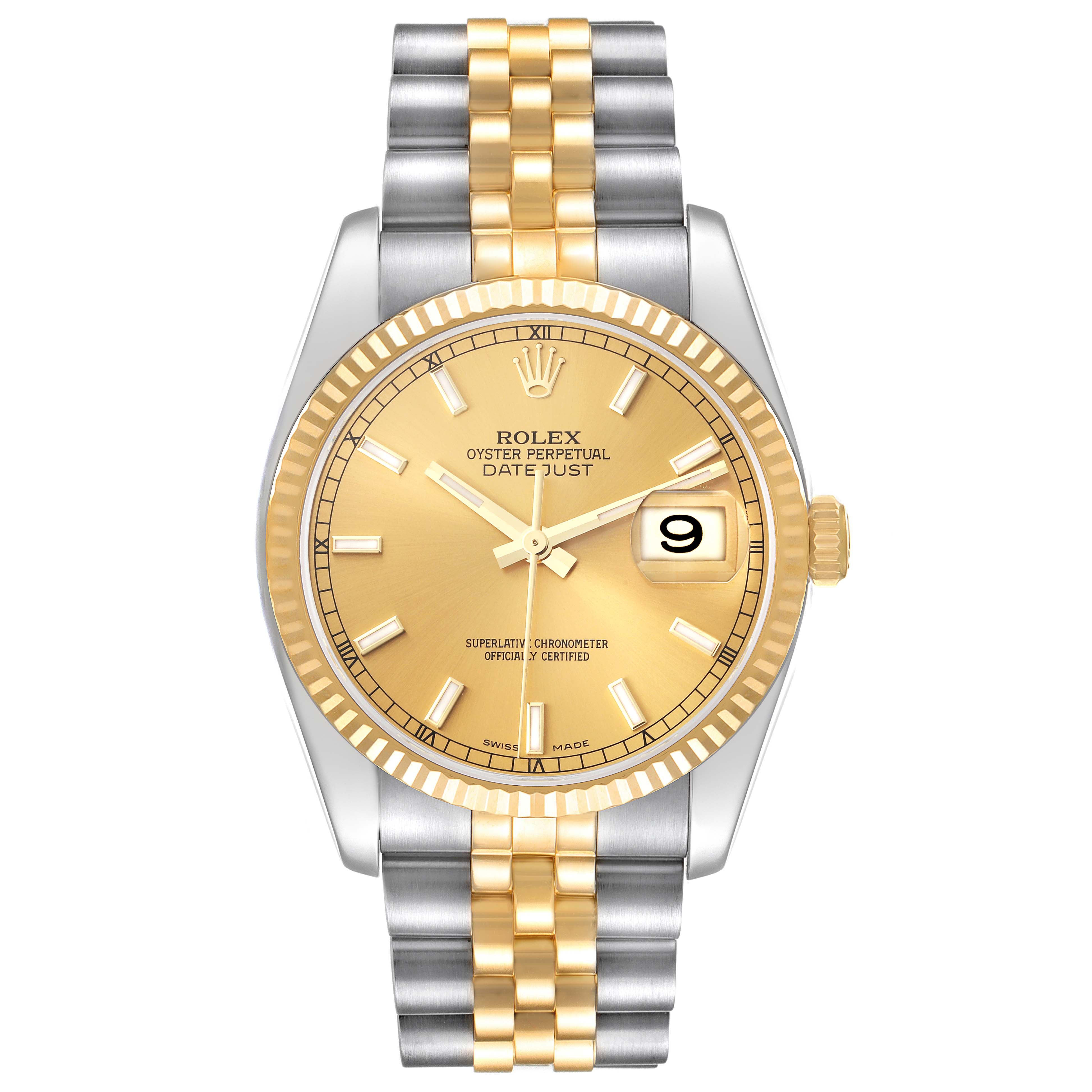 This image shows a Rolex Datejust 116233 Men
s Steel and Gold (two tone) Champagne Dial 116233 Men
s Steel and Gold (two tone) Champagne Dial 41 model watch from a top-down angle, highlighting its two-tone bracelet and gold dial.