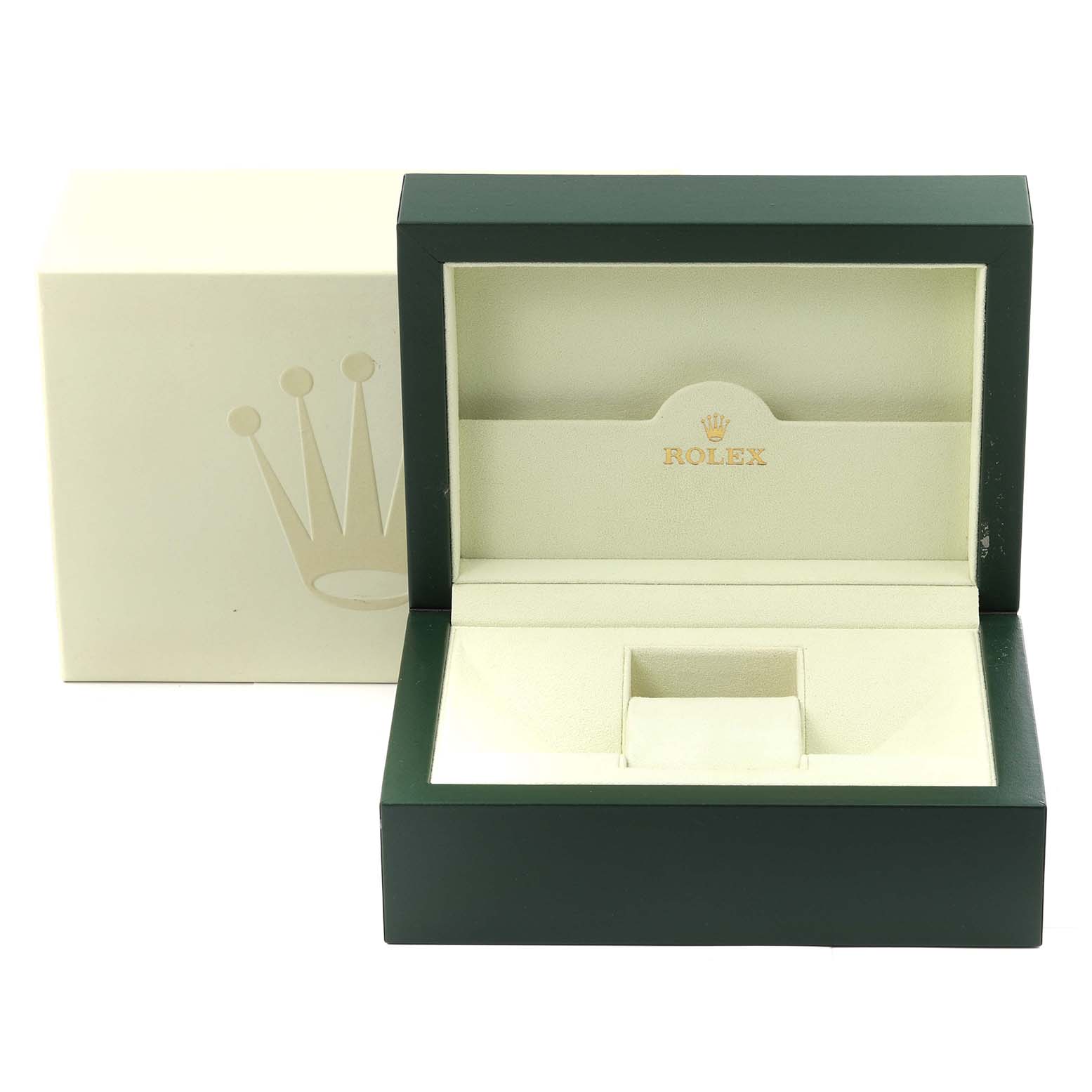 The image shows an open Rolex Datejust 116233 Men
s Steel and Gold (two tone) Champagne Dial 116233 Men
s Steel and Gold (two tone) Champagne Dial 41 watch box with a green exterior and cream interior.