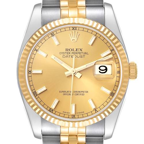 The Rolex Datejust 41 watch is shown from the front, highlighting its gold dial, date display, and two-tone bracelet.