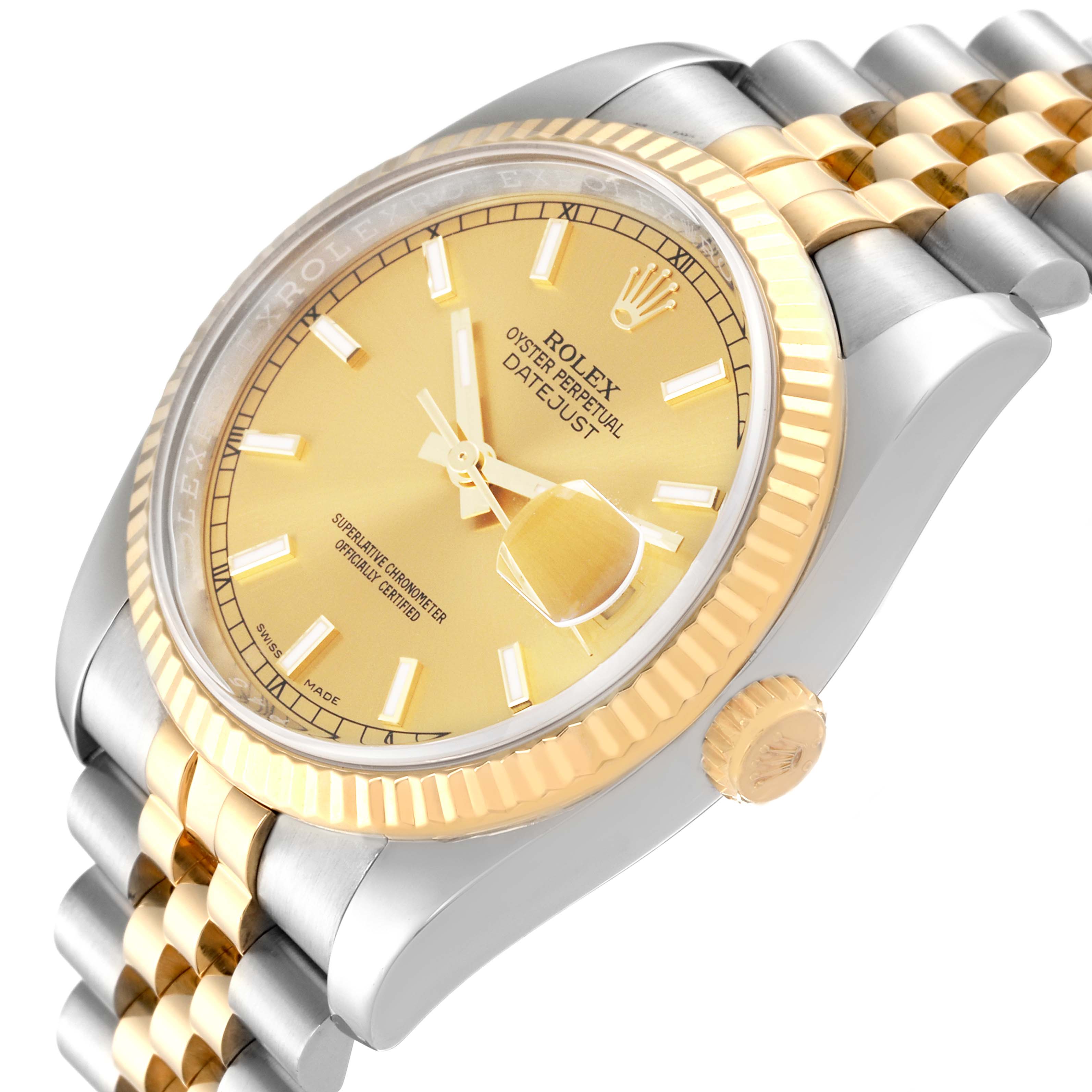 The image shows a side angle of the Rolex Datejust 116233 Men
s Steel and Gold (two tone) Champagne Dial 116233 Men
s Steel and Gold (two tone) Champagne Dial 41, highlighting the gold bezel, crown, and jubilee bracelet.