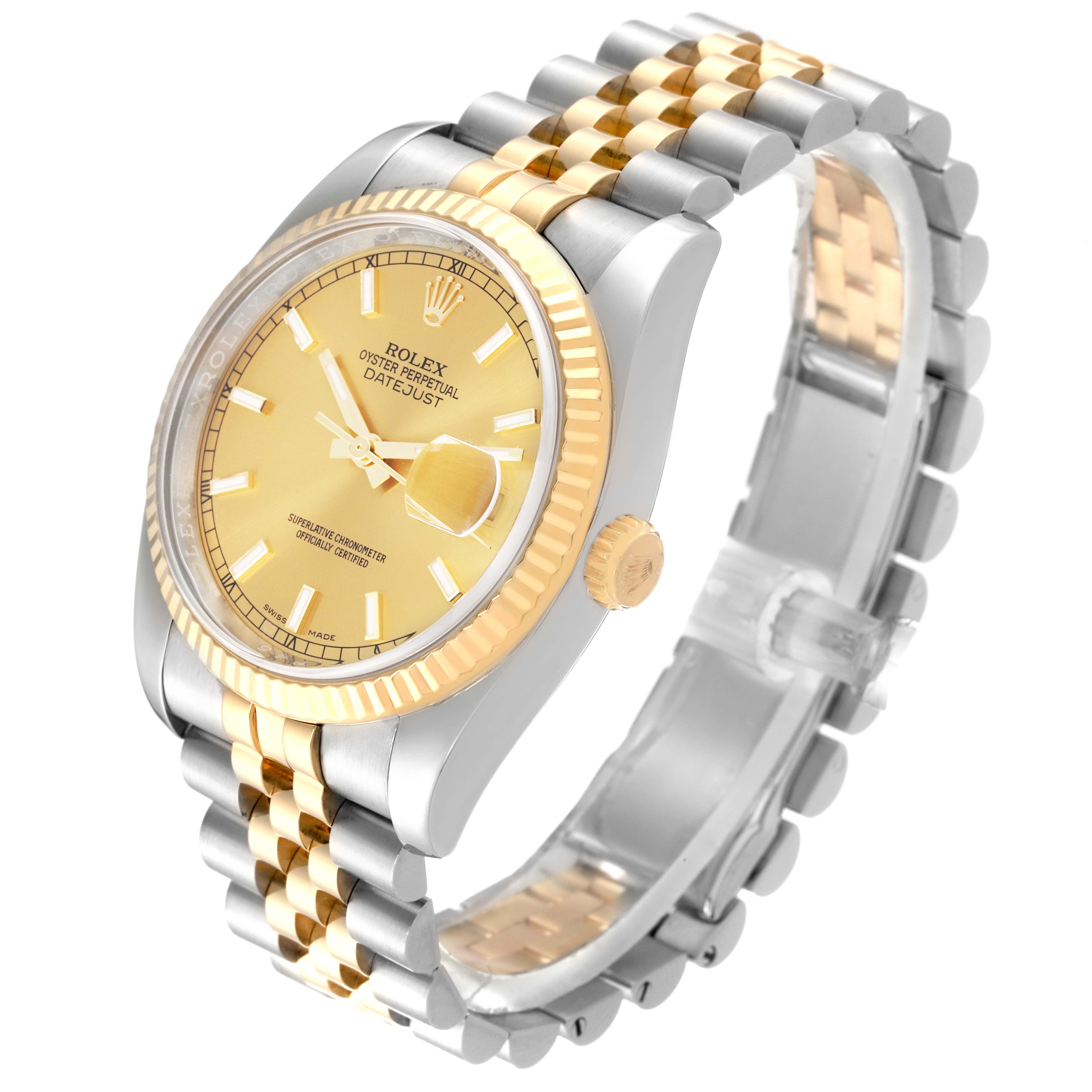 The Rolex Datejust 116233 Men
s Steel and Gold (two tone) Champagne Dial 116233 Men
s Steel and Gold (two tone) Champagne Dial 41 is shown at a three-quarter angle, highlighting the dial, fluted bezel, crown, and Jubilee bracelet.