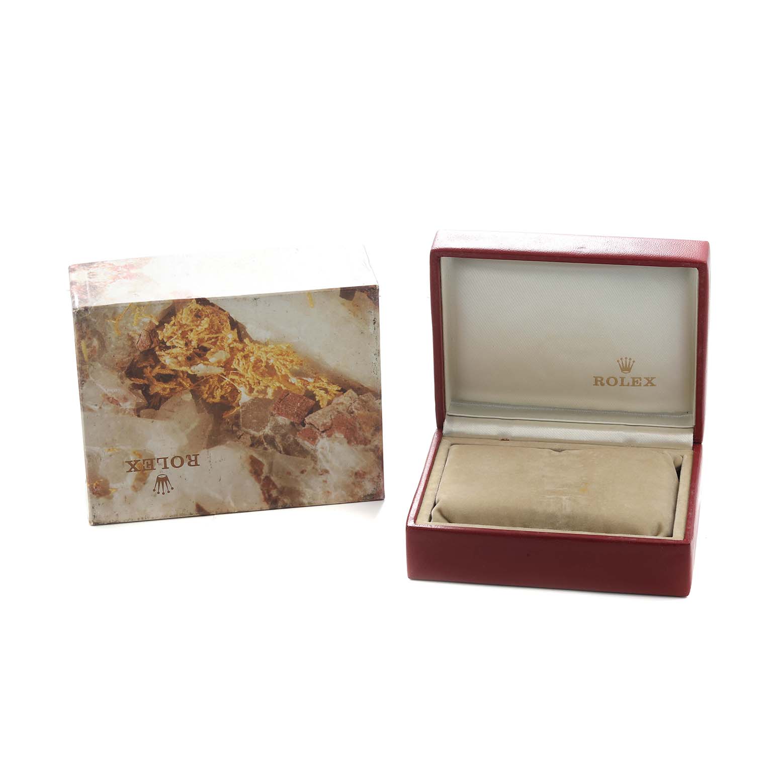 The image shows a Rolex Datejust 69173 Women
s Steel and Gold (two tone) Black Dial watch box, viewed from above, displaying both the inner and outer boxes.