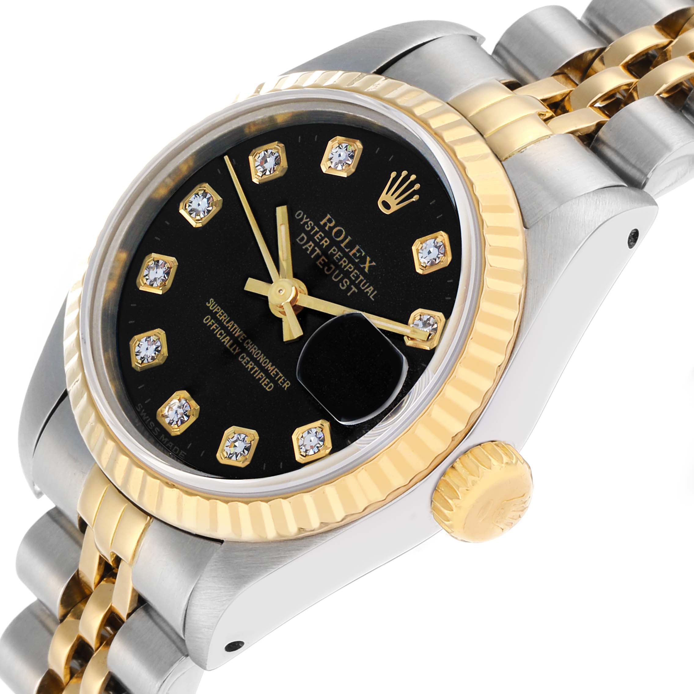 The Rolex Datejust 69173 Women
s Steel and Gold (two tone) Black Dial is shown from a top-side angle, highlighting the dial, fluted bezel, crown, and Jubilee bracelet.