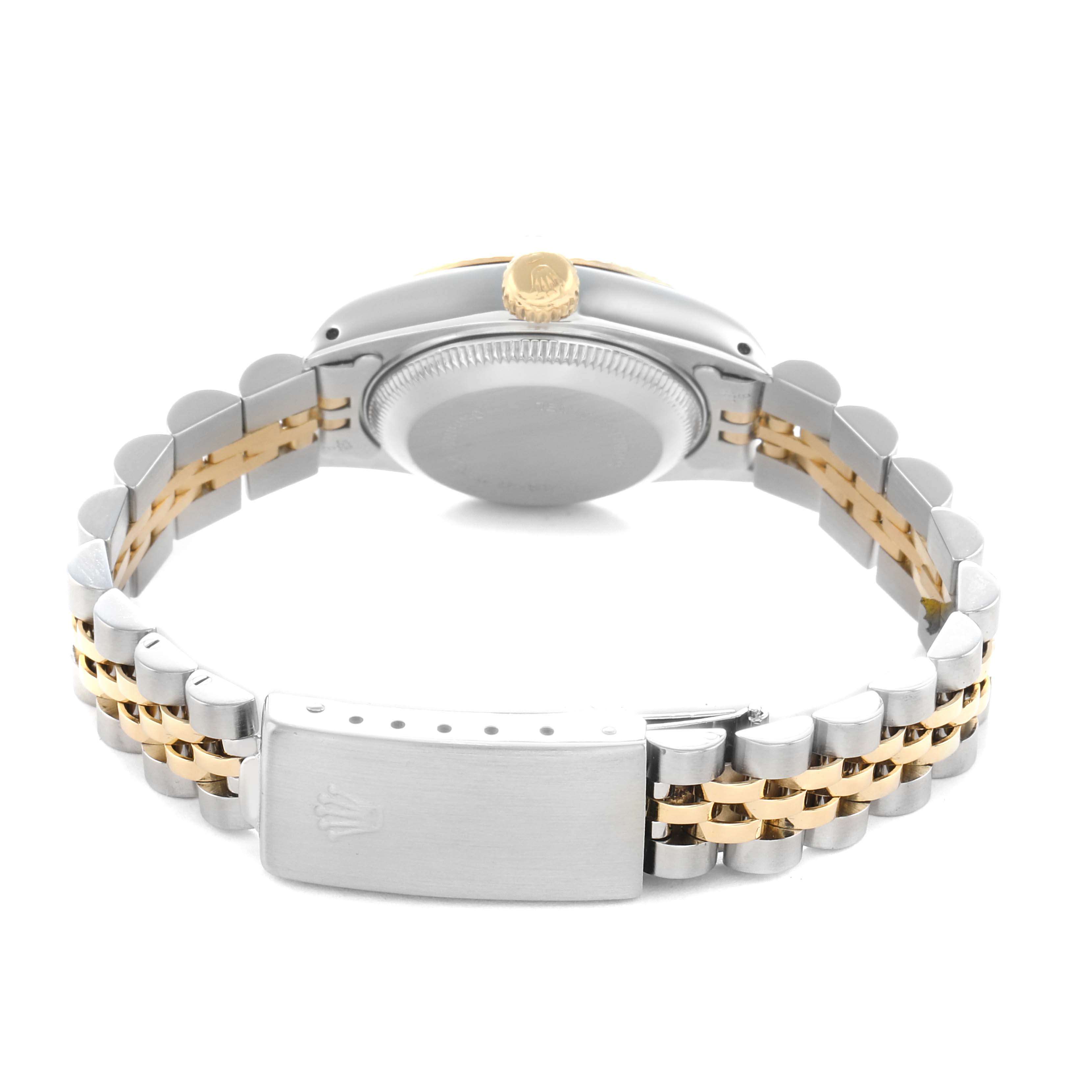 The image shows the back view of a Rolex Datejust 69173 Women
s Steel and Gold (two tone) Black Dial, focusing on the case back, crown, and Jubilee bracelet.